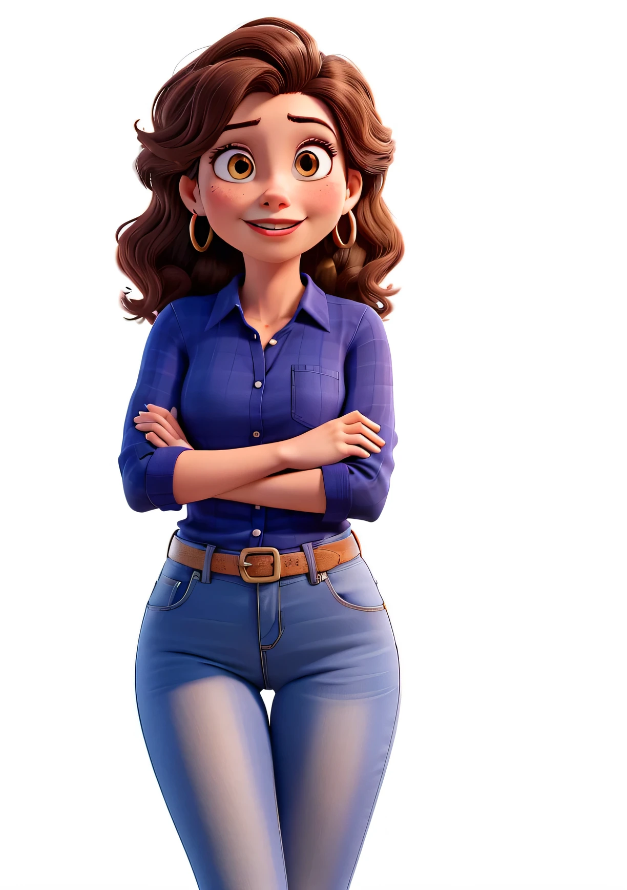 Imagine uma personagem feminina animada chamada Aurora Arruda. She is a successful Brazilian businesswoman aged around 28 with peach skin and slightly rosy cheeks.. Aurora has large, light brown eyes that are expressive and flanked by long eyelashes.. Her brown hair is wavy, voluminous and fall gracefully to just below the shoulders. Ela tem um nariz pequeno e arredondado, and wears medium gold hoop earrings. Aurora displays a friendly smile with medium lips highlighted by discreet pink lipstick. His posture is confident and professional, apresentando um produto. She wears a blue button-down shirt with sleeves rolled up to the elbow and dark blue high-waisted jeans., complementadas por um cinto marrom com fivela dourada. To represent Aurora in different scenarios, keep the essential features of your face and hair consistent. As roupas, accessories, e a postura devem ser alterados para se adequar ao contexto, while facial expressions should reflect the desired emotion or action.