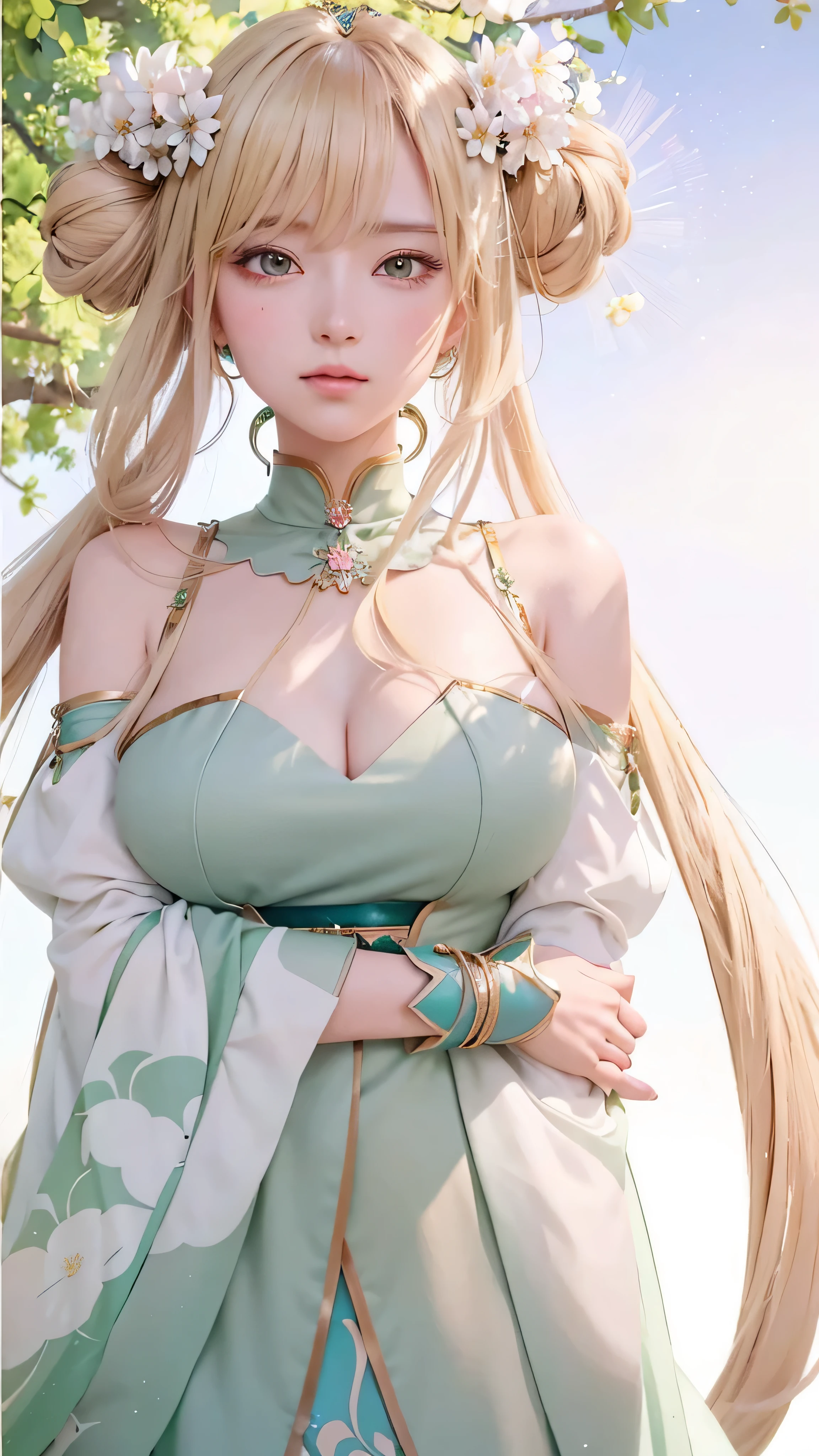 a woman in a green dress with a flower in her hair, anime goddess, beautiful alluring anime woman, ((a beautiful fantasy empress)), beautiful anime woman, seductive anime girl, a beautiful fantasy empress, guweiz, blonde anime girl with long hair, alphonse mucha and rossdraws, extremely detailed artgerm, attractive anime girl, japanese goddess