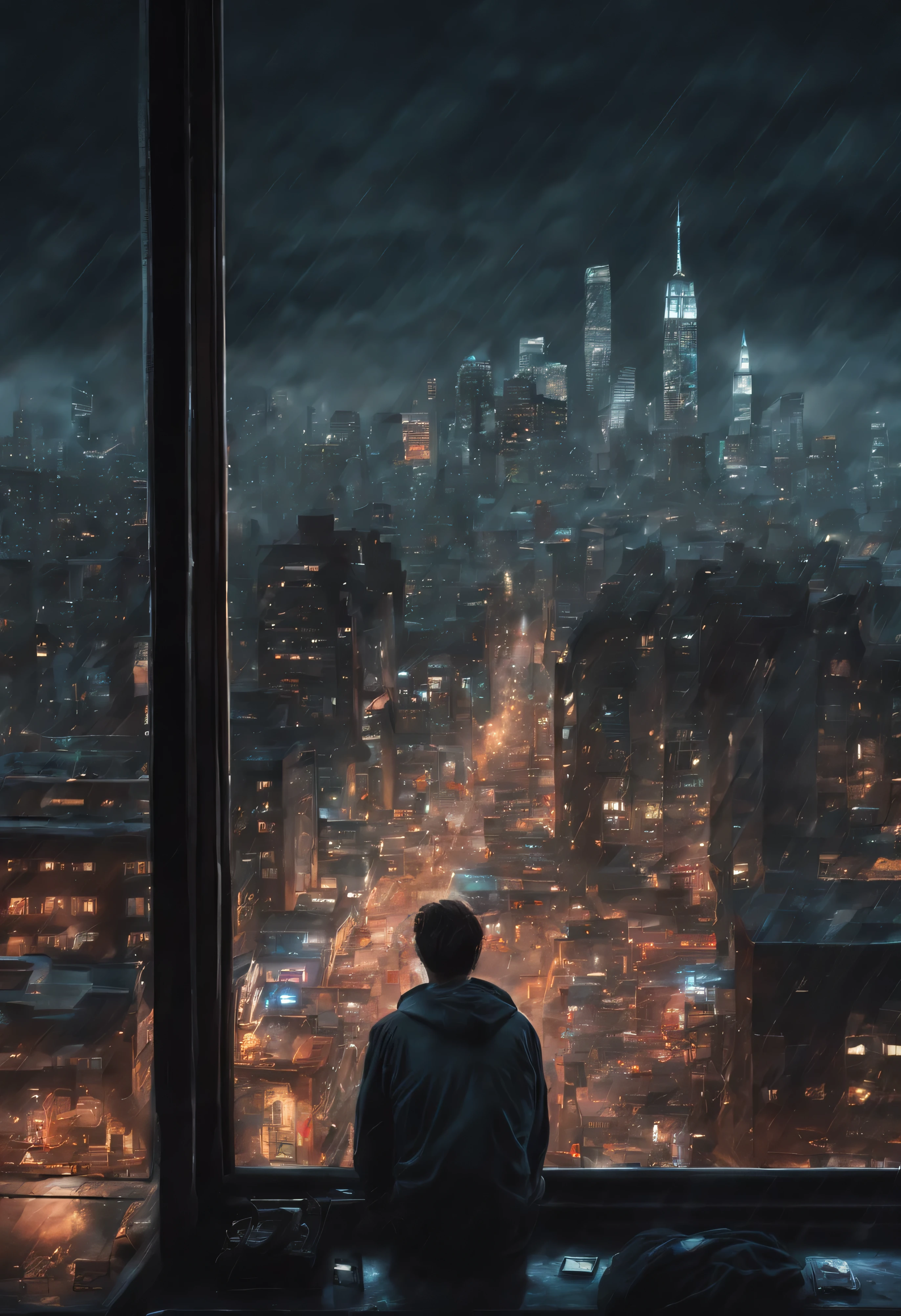 
Personal view of a sad man reflecting on life, how insignificant his existence is and he is leaning against the car while smoking and enjoying a city with lots of lights on the buildings, Cidade desenvolvida nos Estados Unidos, CIDADE with tall buildings in NY, amazing wallpaper, CIDADE, CIDADE with towers, foto hiper realista de uma cidade, nova cidade americana, por Raymond Han, noite chuvosa, torre estilo Cyberpunk, beautifully lit buildings, at evening during rain, beautiful and aesthetic, fotografia, cinematographic, 8k, altamente detalhado ((chuva pesada)))