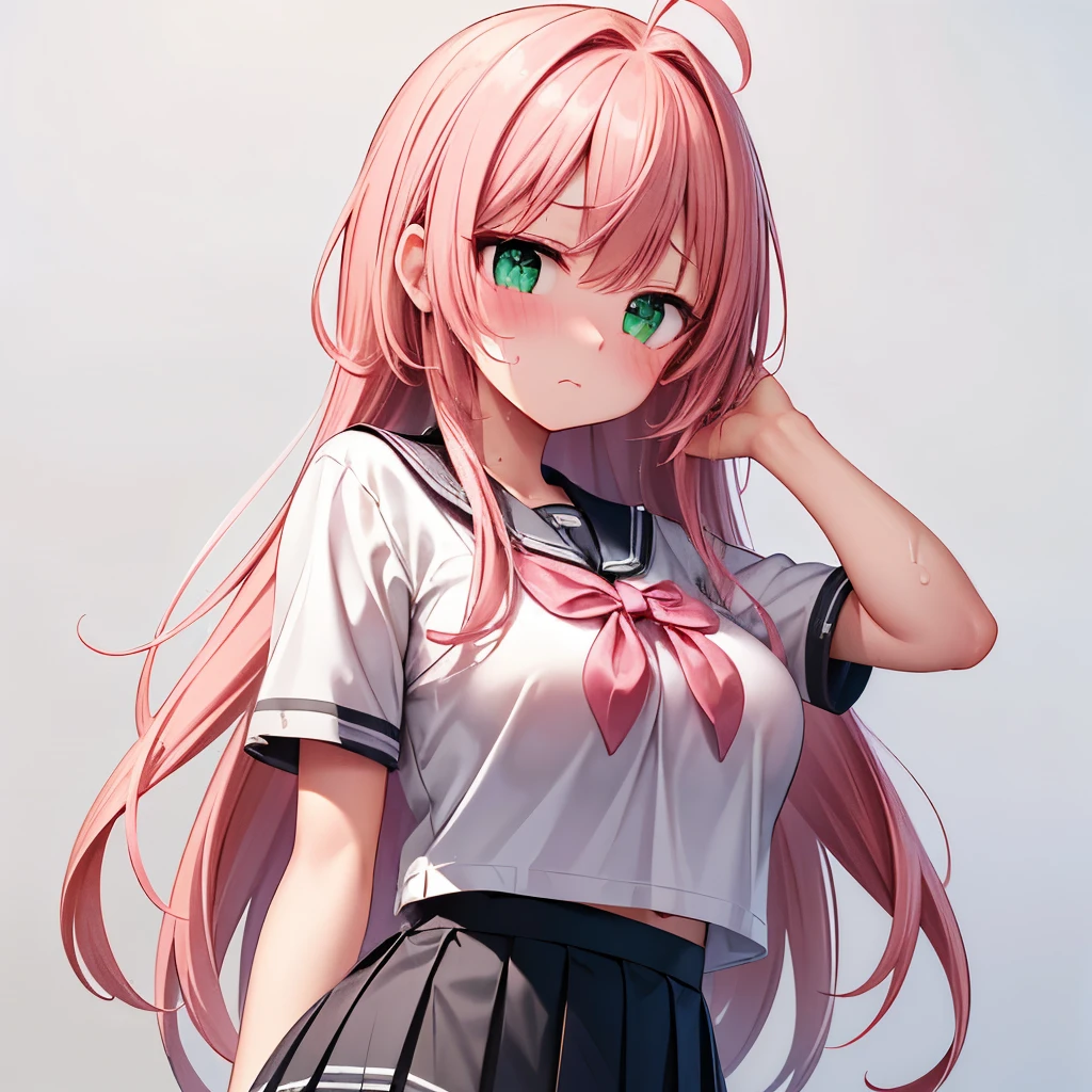 (masterpiece,best quality,detailed,8k,High resolution,hires:1.3),realistic,(centered around the face:1.4),(distance view:1.4),(head to chest),(gray background),light,1girl,(solo),Japanese girl,16yo,colossal breasts,ultra cute girl,bloom,glowing,detailed face and eyes,very pretty face,(green eyes),big eyes,tareme,(ahoge),bangs,pink hair,long hair,curly hair,(school uniform,short sleeve shirt,pleated mini skirt),random pose,from side,(troubled face:1.4),(blush:1.4),(sweat:1.2),