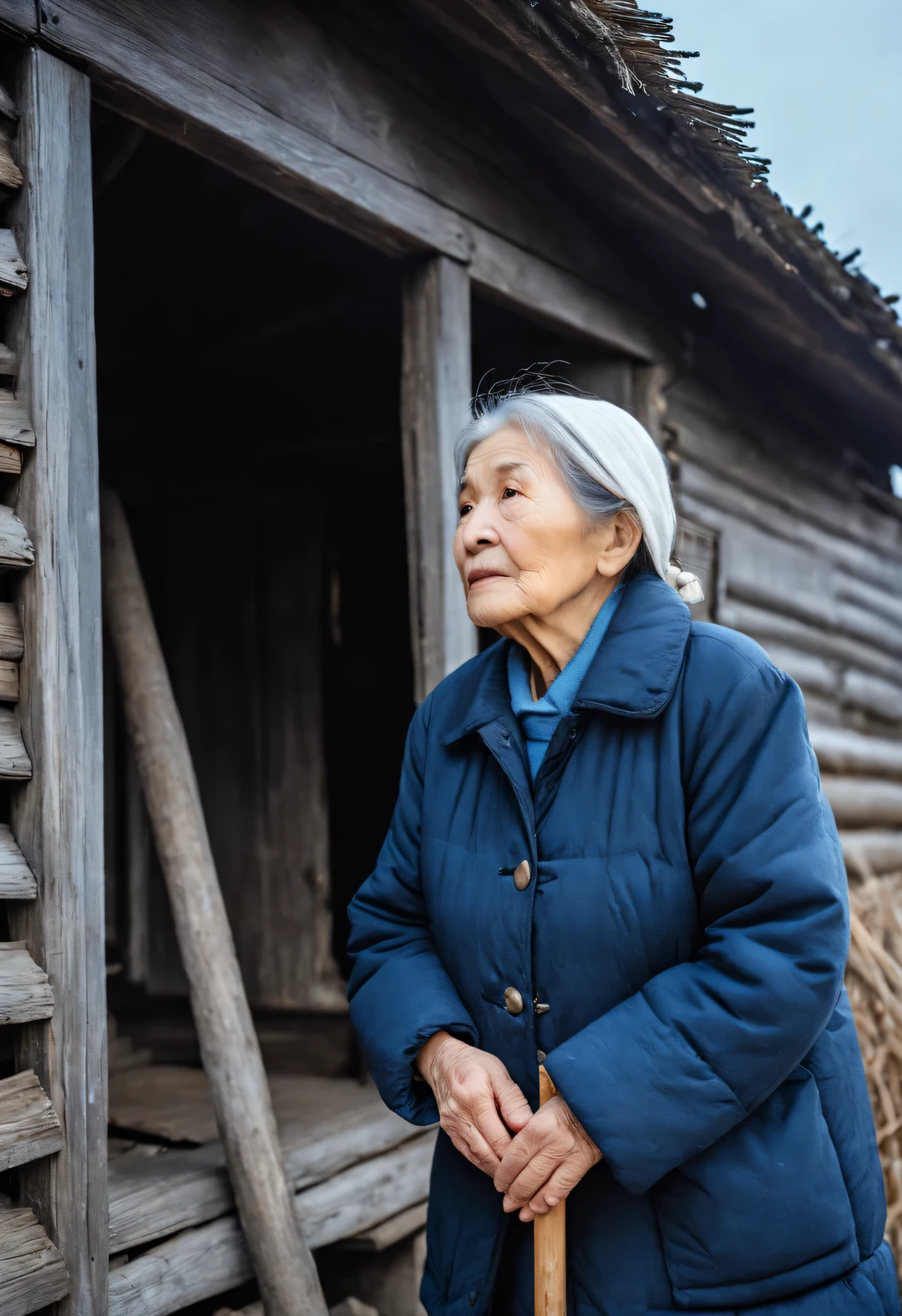 Vintage photography style ，in the sunset，In the snowy dusk of winter，（An old mother stands in front of a dilapidated hut），Waiting for the children from far away to go home for the New Year，Her figure looks particularly determined in the afterglow，My old mother is over seventy years old，Her face was engraved with traces of time，Wrinkles may be deep or shallow，Like a land that has experienced wind and rain，Those eyes are a little cloudy，But it still reveals a kind of persistence and expectation for family affection。 （Wearing an old-fashioned dark blue cotton-padded jacket，The cuffs are badly worn，But still clean and tidy），Her hands，Although a little trembling，But clutching the old crutch tightly，in this long wait，Grandma’s eyes look into the distance from time to time，This is a deep expectation and waiting。Her heart is filled with thoughts and blessings for her children，The wind is very cold，Grandma always stood there firmly，touch。when night falls，Grandma’s figure gradually becomes blurry