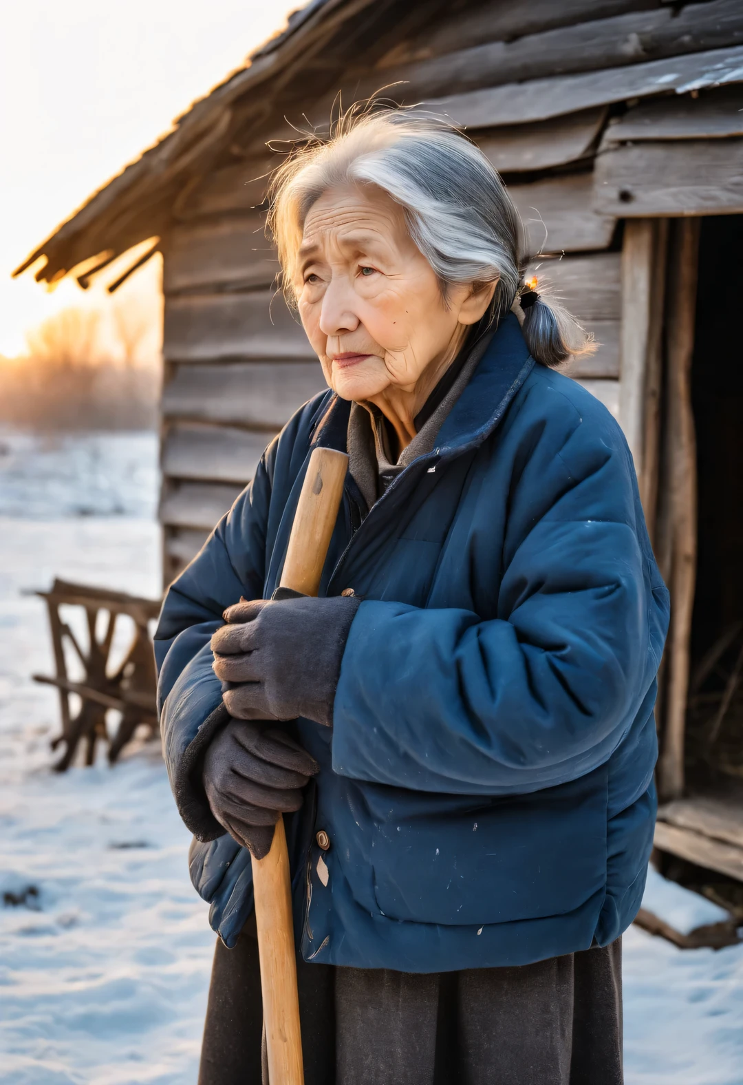 Vintage photography style ,in the sunset,In the snowy dusk of winter,(An old mother stands in front of a dilapidated hut),Waiting for the children from far away to go home for the New Year,Her figure looks particularly determined in the afterglow,My old mother is over seventy years old,Her face was engraved with traces of time,Wrinkles may be deep or shallow,Like a land that has experienced wind and rain,Those eyes are a little cloudy,But it still reveals a kind of persistence and expectation for family affection。 (Wearing an old-fashioned dark blue cotton-padded jacket,The cuffs are badly worn,But still clean and tidy),Her hands,Although a little trembling,But clutching the old crutch tightly,in this long wait,Grandma’s eyes look into the distance from time to time,This is a deep expectation and waiting。Her heart is filled with thoughts and blessings for her children,The wind is very cold,Grandma always stood there firmly,touch。when night falls,Grandma’s figure gradually becomes blurry