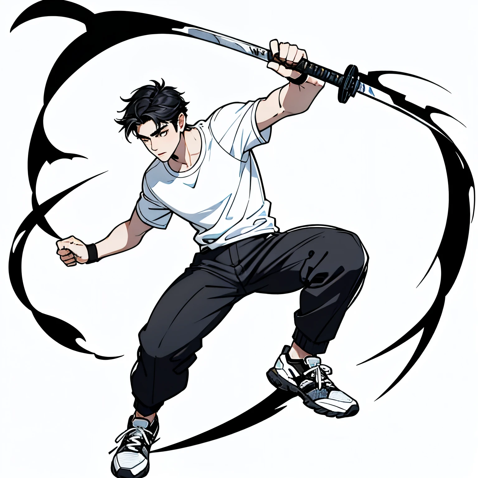 ((solo)), (((1boy))), ultra quality, HD, 4K, 8K, (no background), (white background), ultra detailed, 20 year old, handsome young man, black hair, white shirt and dark pants, white sneakers, pose, expressive pose, fighting, combat, katana, wooden blade