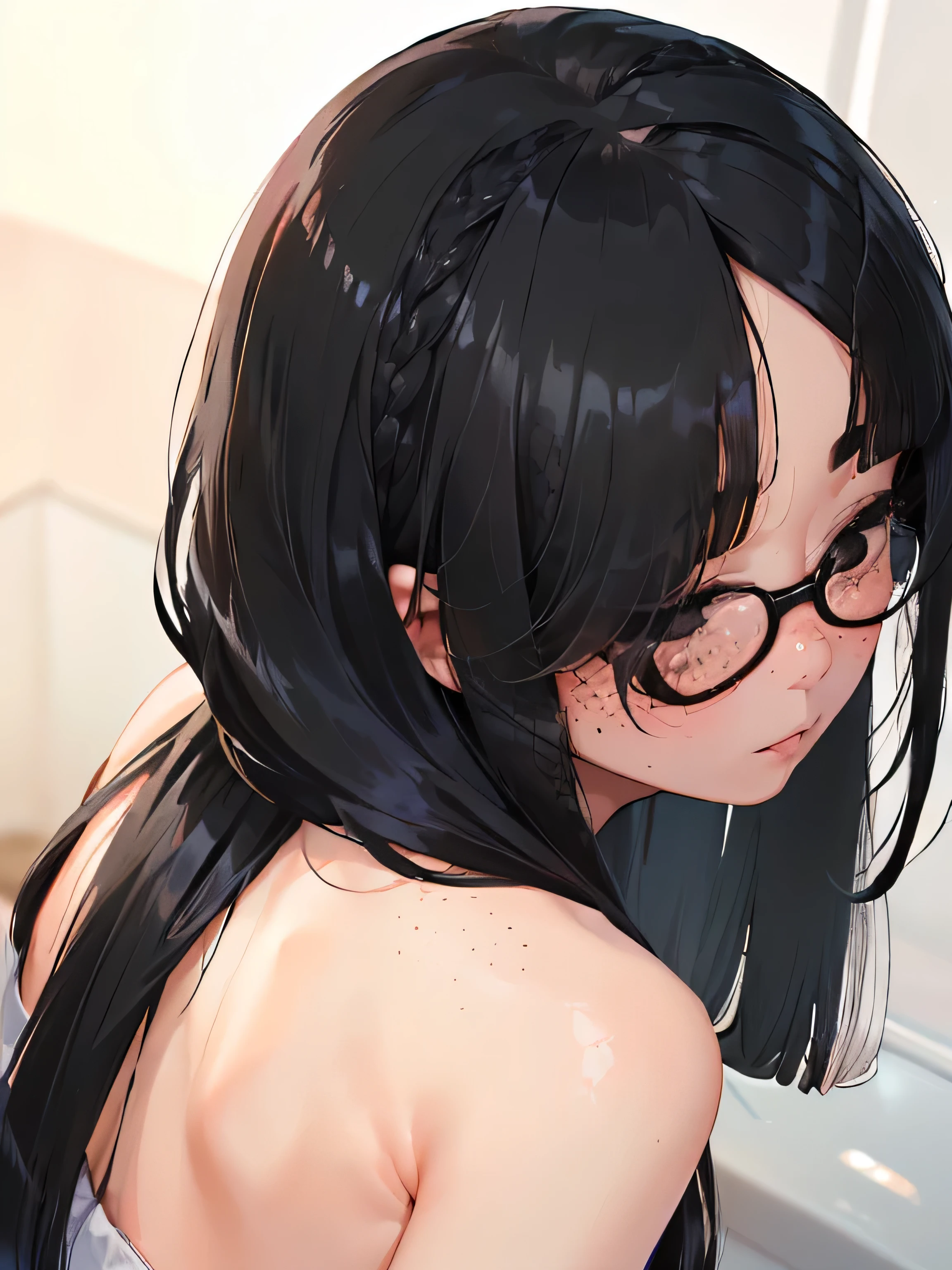 Erotic、Bedroom、Completely naked、slender、Smooth, very beautiful, white skin　A girl 、Expressionless　Glasses、Black Hair、Sweat、Close-up of face　child　Small　Big eyes　Small breasts　Open your mouth very wide　Sticking out tongue　Teeth are visible　Mouth up