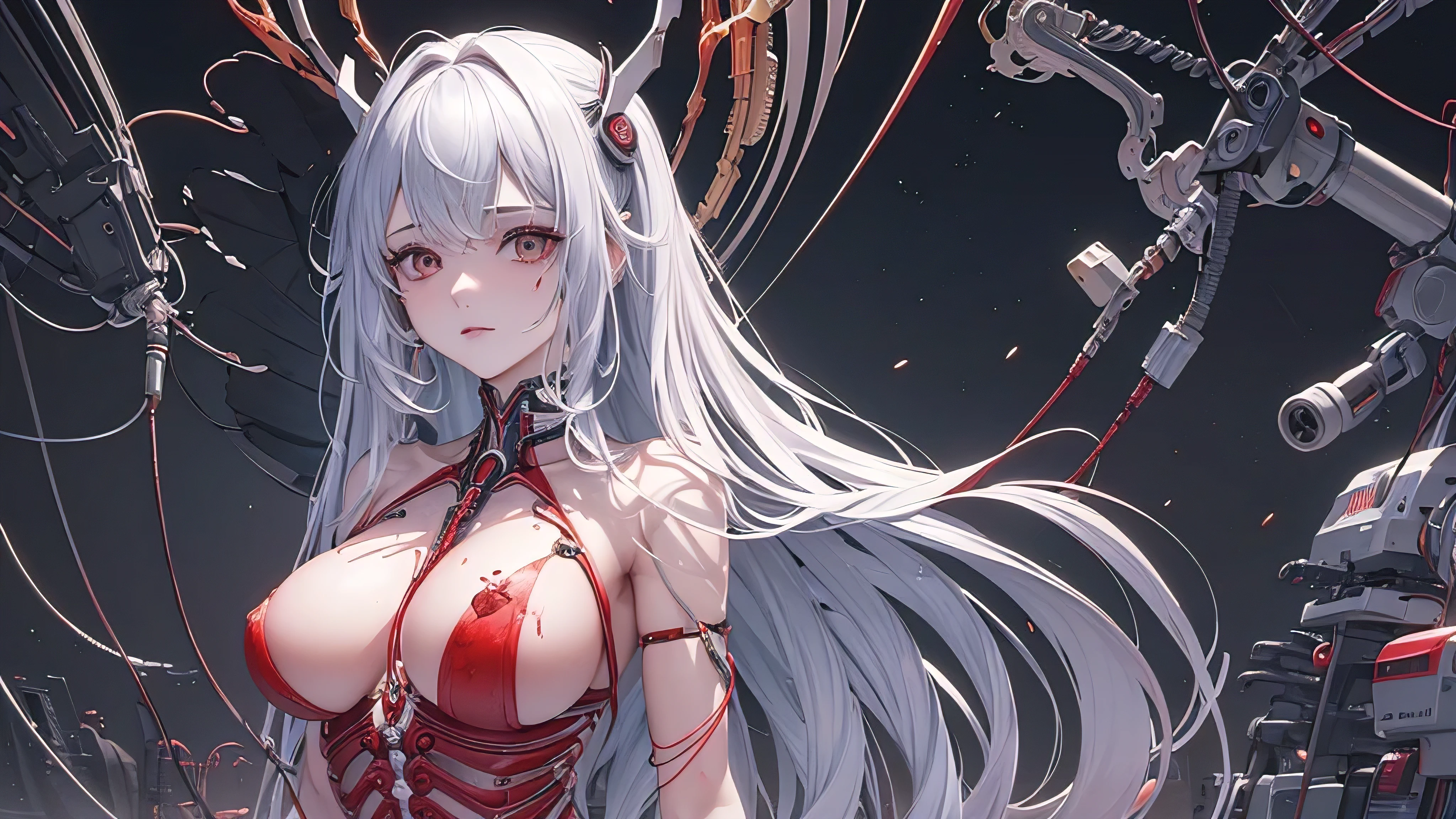 (master part, qualidade superior, best quality, Arte Oficial, Beautiful and Aesthetic:1.2), (1girl:1.3), extremamente detalhado,Colouring,mais alto detalhado ((ultra-detalhado)), (Highly detailed CG illustration), ((um extremamente delicado e bonito)),(lateralmente),Cinematic light,((1Mechanical girl)),sozinho,corpo inteiro,(machine made joints:1.2),((mechanical blood vessels connected to tubes),(mechanical vertebra attaching to back),((mechanical cervial attaching to neck)),(sentado),no expression,(wires and cables attaching to neck:1.2),(wires and cables on the head:1.2)(foco no personagem),science fiction,fundo branco,(sangue:1.5) sexy
