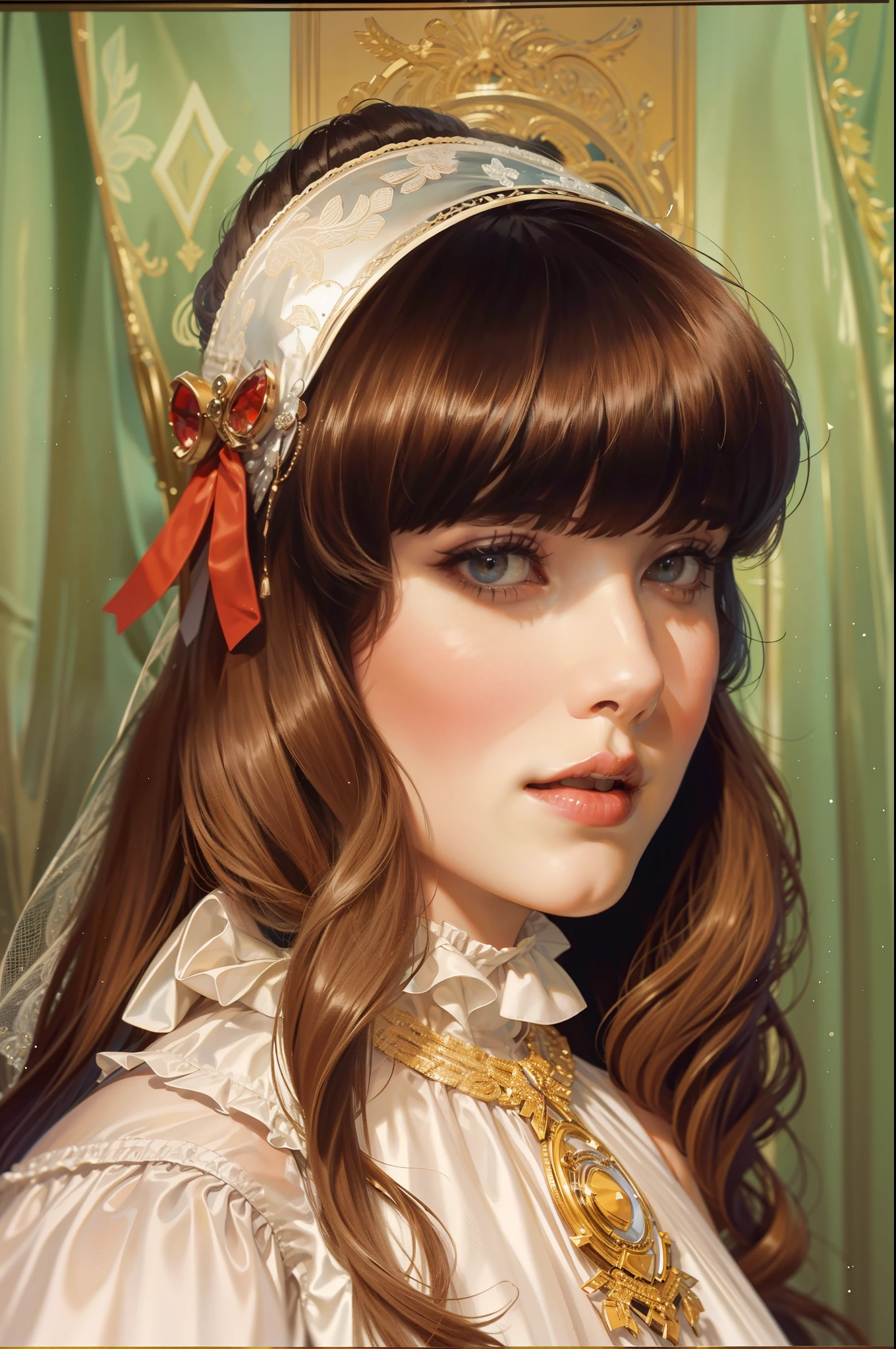 arafed woman in a white dress with a bow on her head, an album cover by Carlo Martini, reddit, art nouveau, white bangs, curtain bangs, with a fringe, brown hair and bangs, small and thick red lips, brown hair with bangs, black hair and white bangs, with full bangs, red lips, fluffy bangs, with bangs