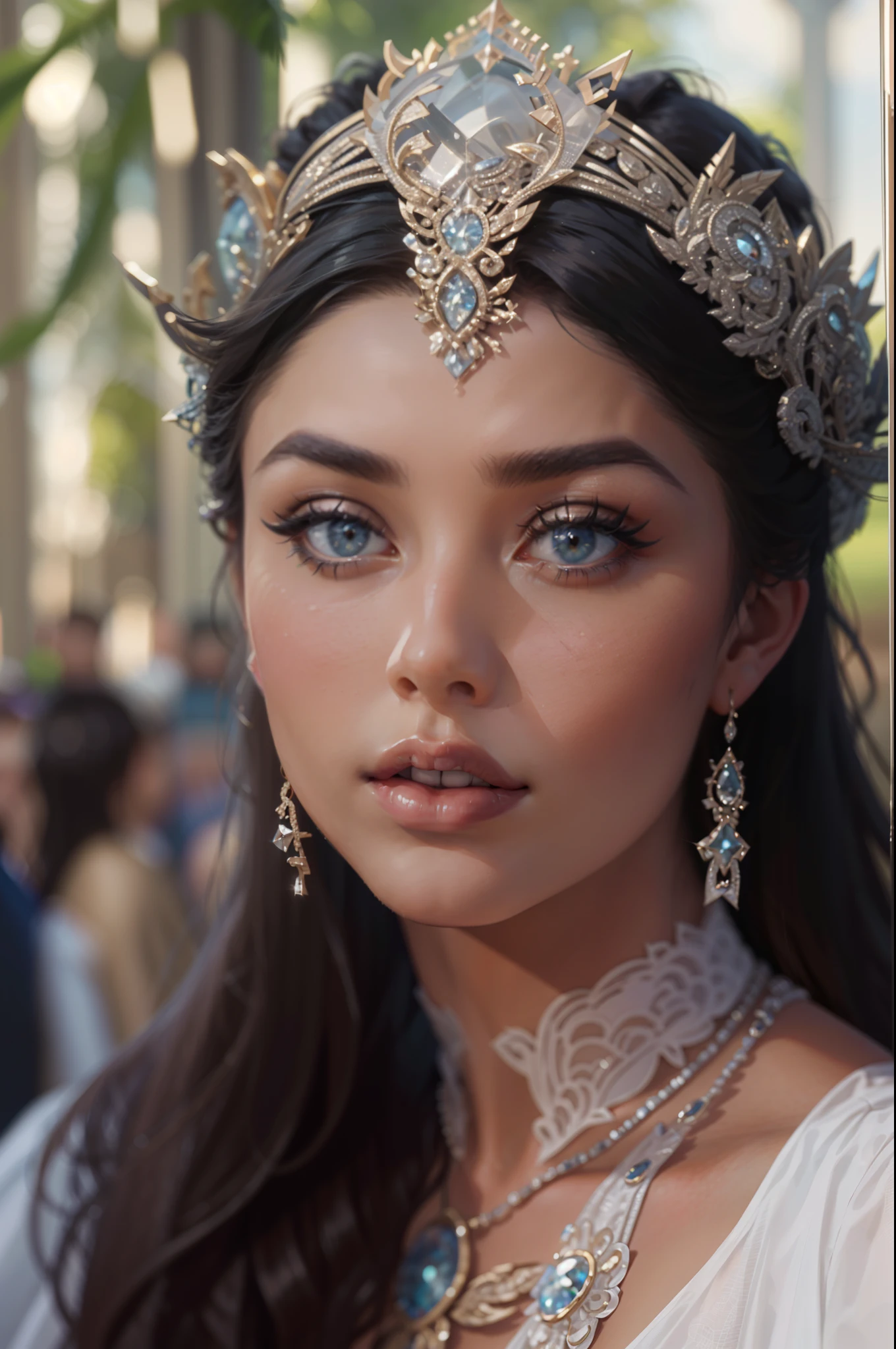 a close up of a woman wearing a white dress and a white headband, a screenshot by Alexis Grimou, tumblr, art nouveau, soft devil queen madison beer, :: madison beer, gorgeous beautiful, “megan fox, looking off to the side, madison beer, gorgeous latina face, shanina shaik as medusa, beautiful gorgeous, still of megan fox, stunning beautiful