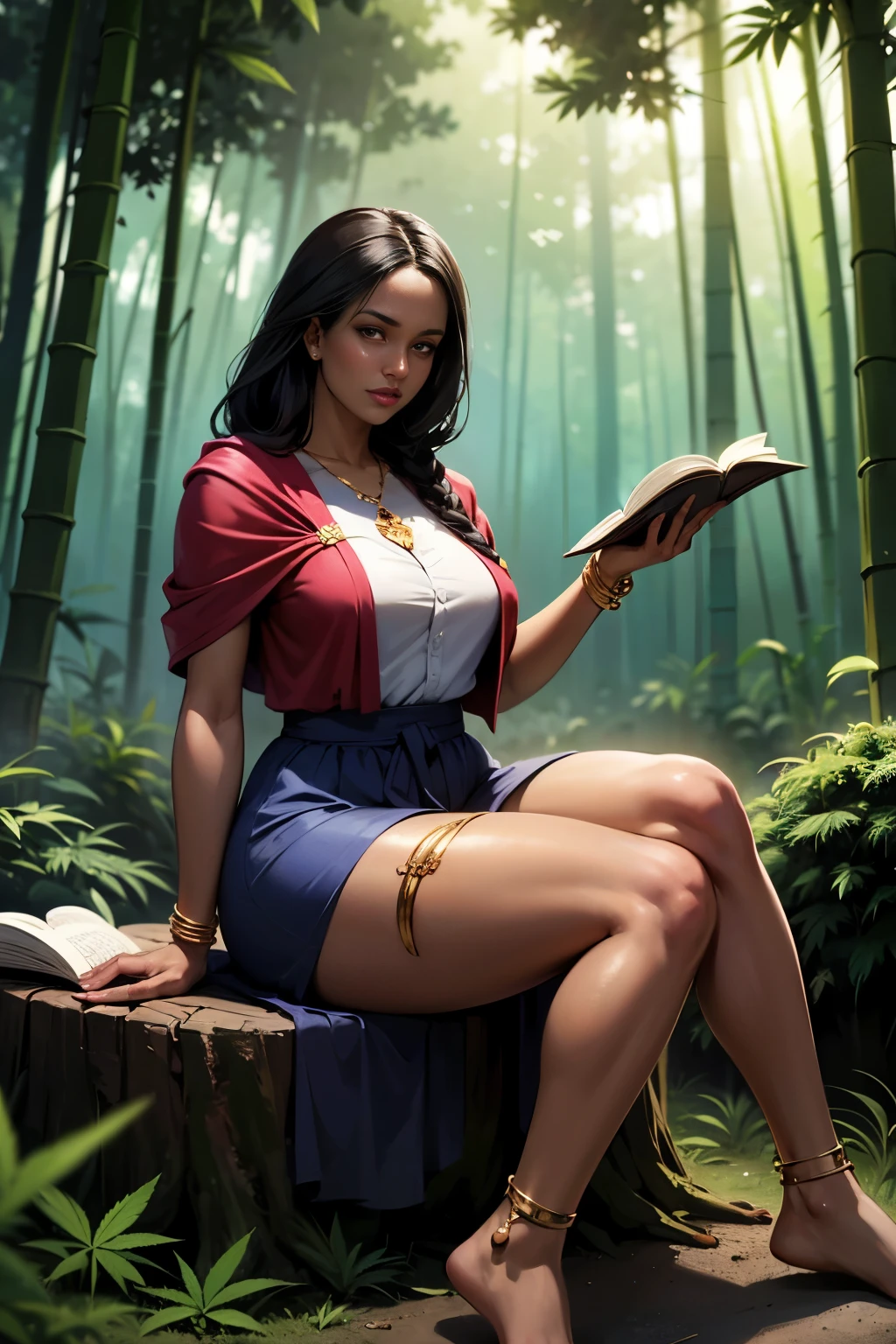 Benevolent enrobed ((plump ((dark-skinned Haitian)) 35 year old cannabis goddess)) with long braided grey hair sitting on tree stump while reading a mystic tome, lwa veve tattoos on arms and legs, wearing golden bracelets and anklets, plump thighs, high quality photo, in the middle of the dense cannabis sativa and bamboo forest behind her,