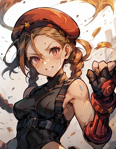 (skullgirls-48600:0.9), cammy, lindo, presumido, Sonrisa afectada, manos en la cintura, volumetric lighting, mono, sombrero rojo, funda de pistola, ojos azules, pelo rubio, guantes rojos, fondo de la ciudad