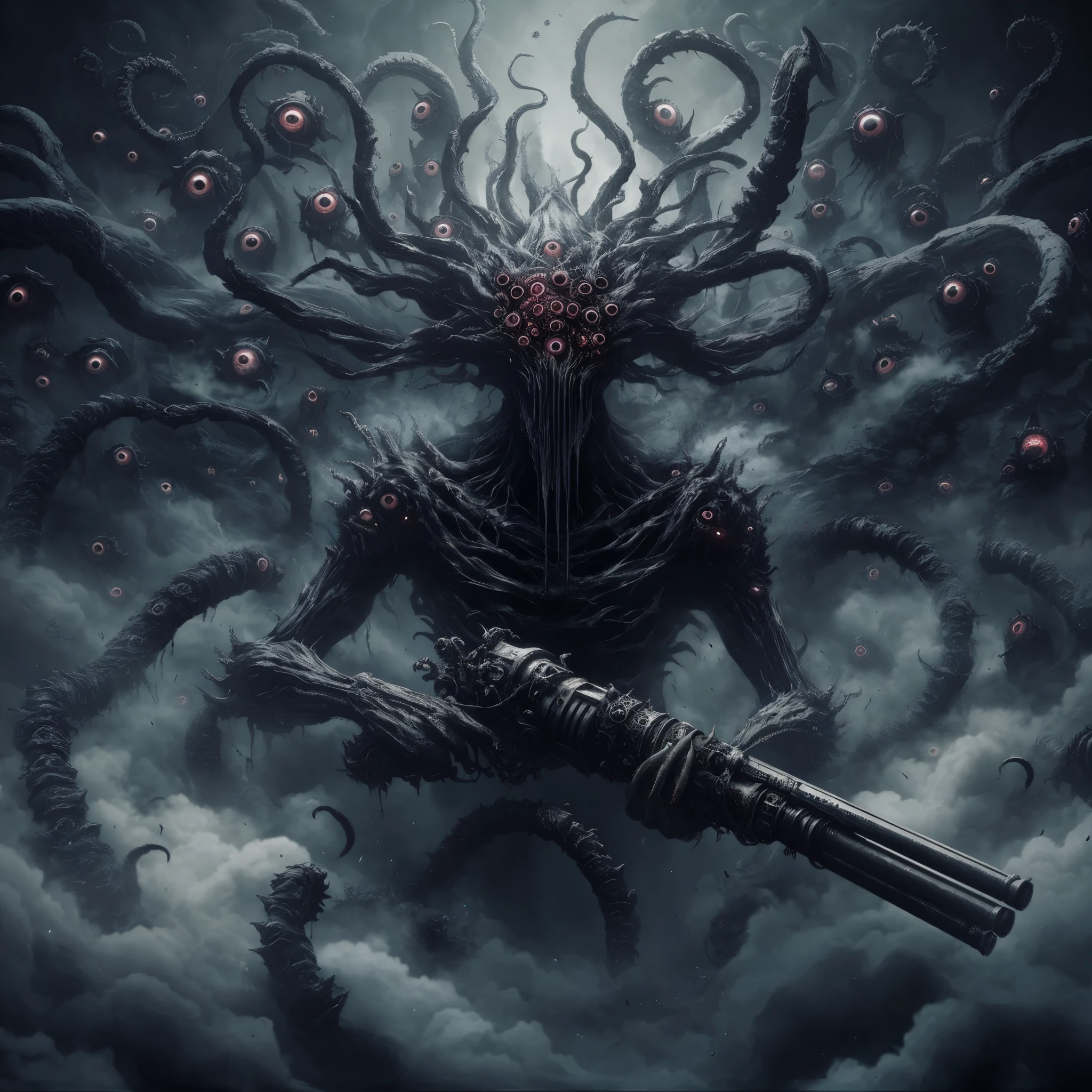 Resident evil,dark soul boss, Bloodborne,Lovecraft evils, monster, fantasy, dark, Smokey, many eyes, many tentacles, cloud like, floating, realistic, terrifying, otherworldly, destructive, pitch-black, holding a Gatling made of bones, bloodstained,many mouths, many arms,tentacles, cursed human soul with desperate face,eirie,Lovecraft horror environment, ted mist