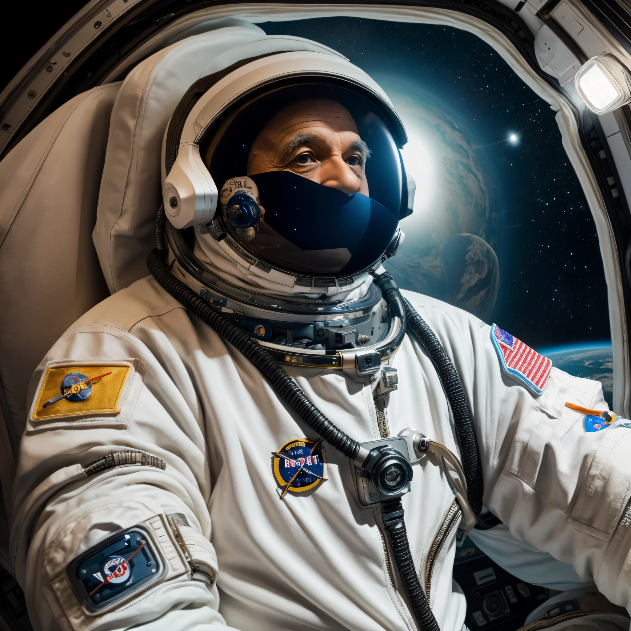 Radiating a sense of adventure, a 22-year-old boy pilots his space ship with precision, his spacesuit serving as a testament to his brave spirit. Through the cockpit's expansive windows, the dynamic and awe-inspiring view materializes in exquisite detail, thanks to the captivating 8k resolution, immersing him in a visual odyssey beyond compare.