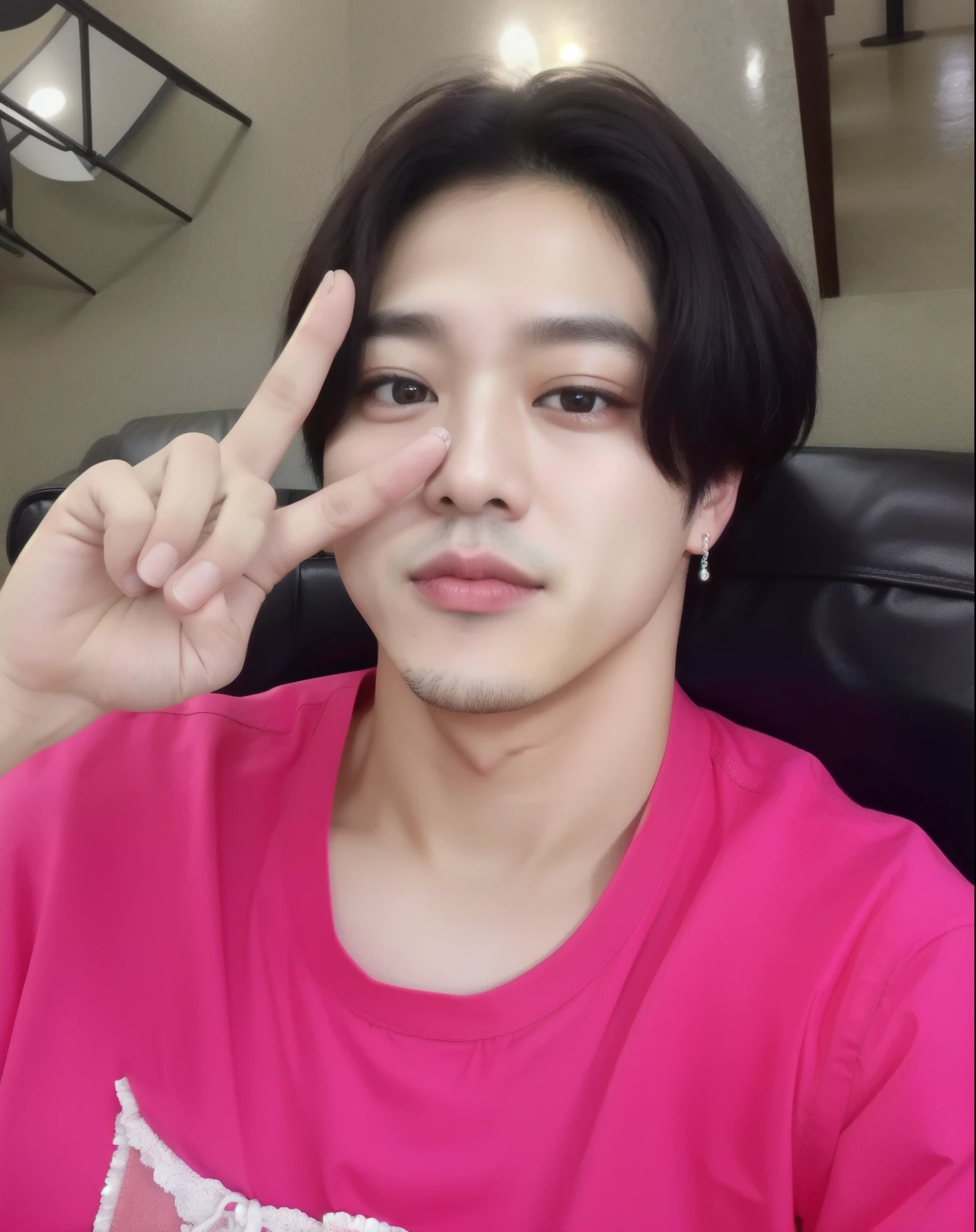 arafed asian man in a pink shirt making a peace sign, Jimin\the full lips, park Jimin, Jimin\the right eyelid is swollen, accurate Jimin face, Jimin\o nariz grego, Jimin, Jimin, hyung ji, adorable and pale korean face, park jimin, jimin hyung, lovely pale face, Jimin park