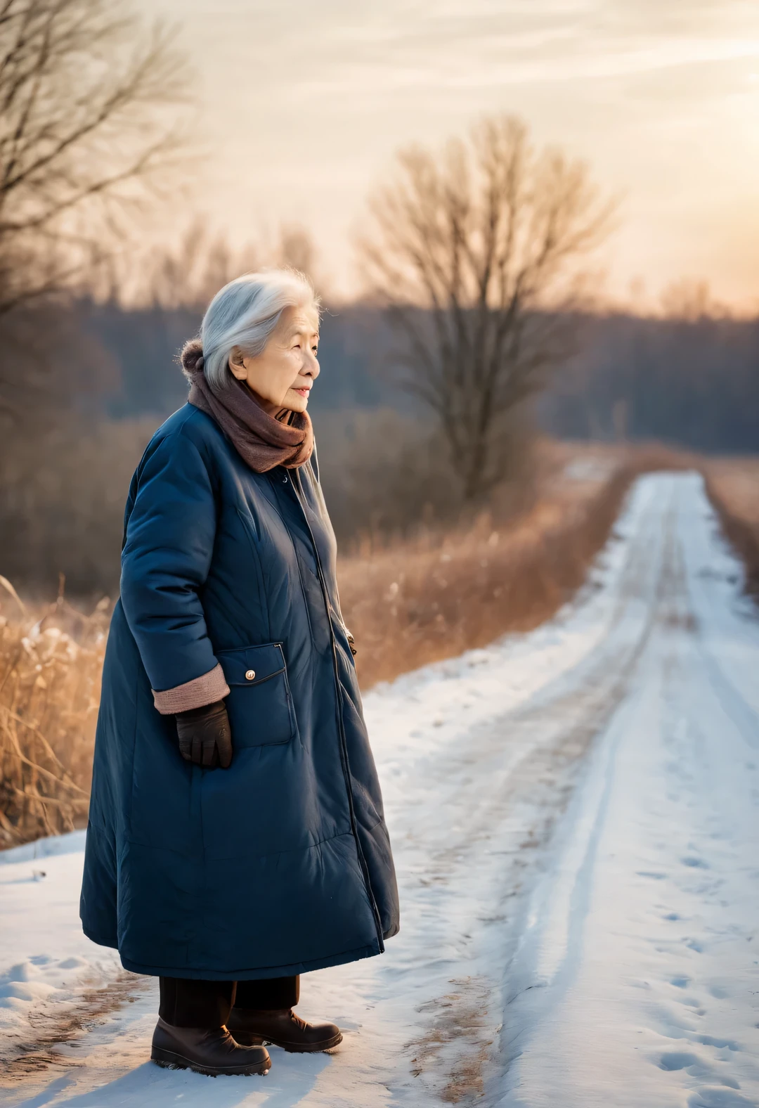 Vintage photography style ,in the sunset,cold winter,An old mother stands on a snowy dirt road,Anxiously waiting for the children from far away to go home for the New Year,Her figure looks particularly determined in the afterglow,My old mother is over seventy years old,Her face was engraved with traces of time,Wrinkles may be deep or shallow,Like a land that has experienced wind and rain,Those eyes are a little cloudy,But it still reveals a kind of persistence and expectation for family affection。 (Wearing an old-fashioned dark blue cotton-padded jacket,The cuffs are badly worn,But still clean and tidy),Her hands,Although a little trembling,(But clutching the old crutch tightly),in this long wait,Grandma’s eyes look into the distance from time to time,This is a deep expectation and waiting。Her heart is filled with thoughts and blessings for her children,The wind is very cold,Grandma always stood there firmly,touch。when night falls,Grandma’s figure gradually becomes blurry