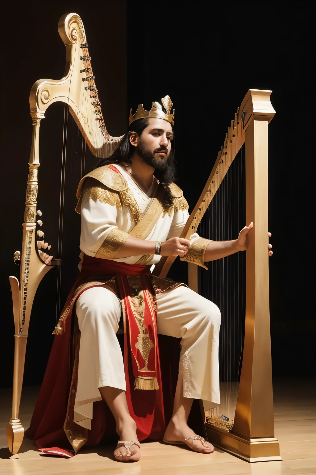((melhor qualidade)), ((obra de arte)), (detalhado), rosto perfeito,king sitting on the throne throwing spear at his musician who holds a harp in his hands, realista, detalhado