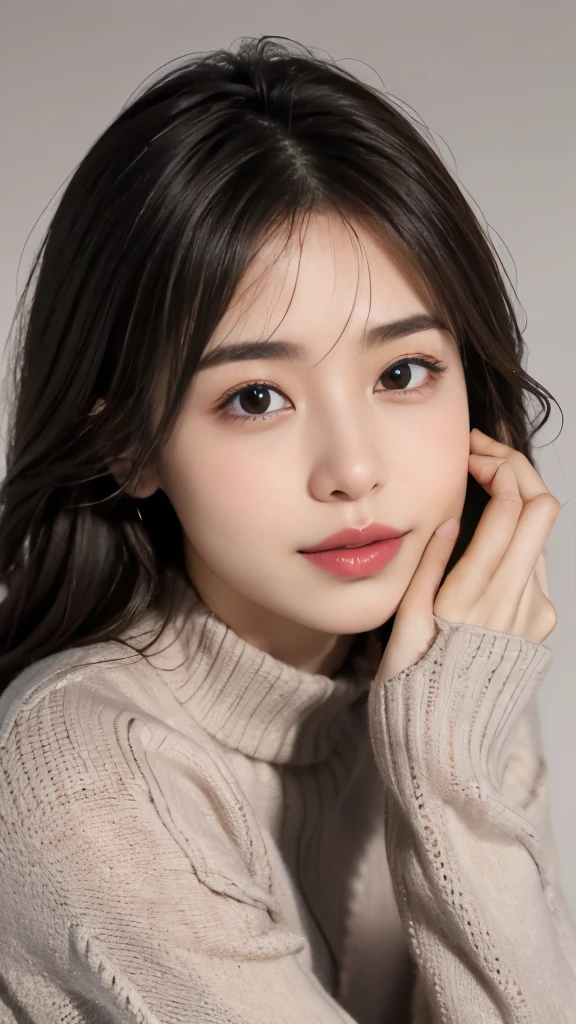 (In 8K、RAW photo、highest quality、realistic、Photoreal, look at the viewer, light shines on your face, gray background), 22-year-old female, Japanese, youthful radiance, almond-shaped eyes, soft brows, light pink lipstick, natural makeup. Casual hairstyle, cozy knit sweater, denim skirt, black tights, ankle boots, minimalist watch.