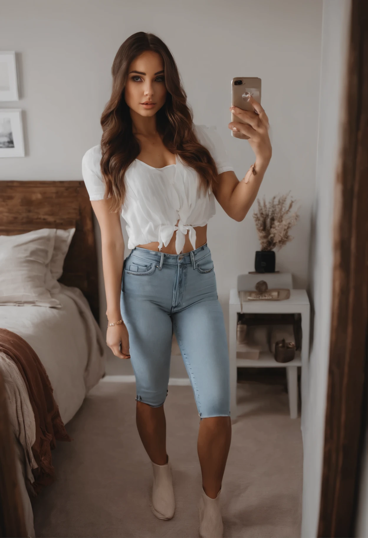 stunning full body shot of arafed woman, sexy girl with brown eyes, portrait sophie mudd, brown hair and large eyes, selfie of a young woman, bedroom eyes, violet myers, without makeup, natural makeup, looking directly at the camera, face with artgram, subtle makeup,