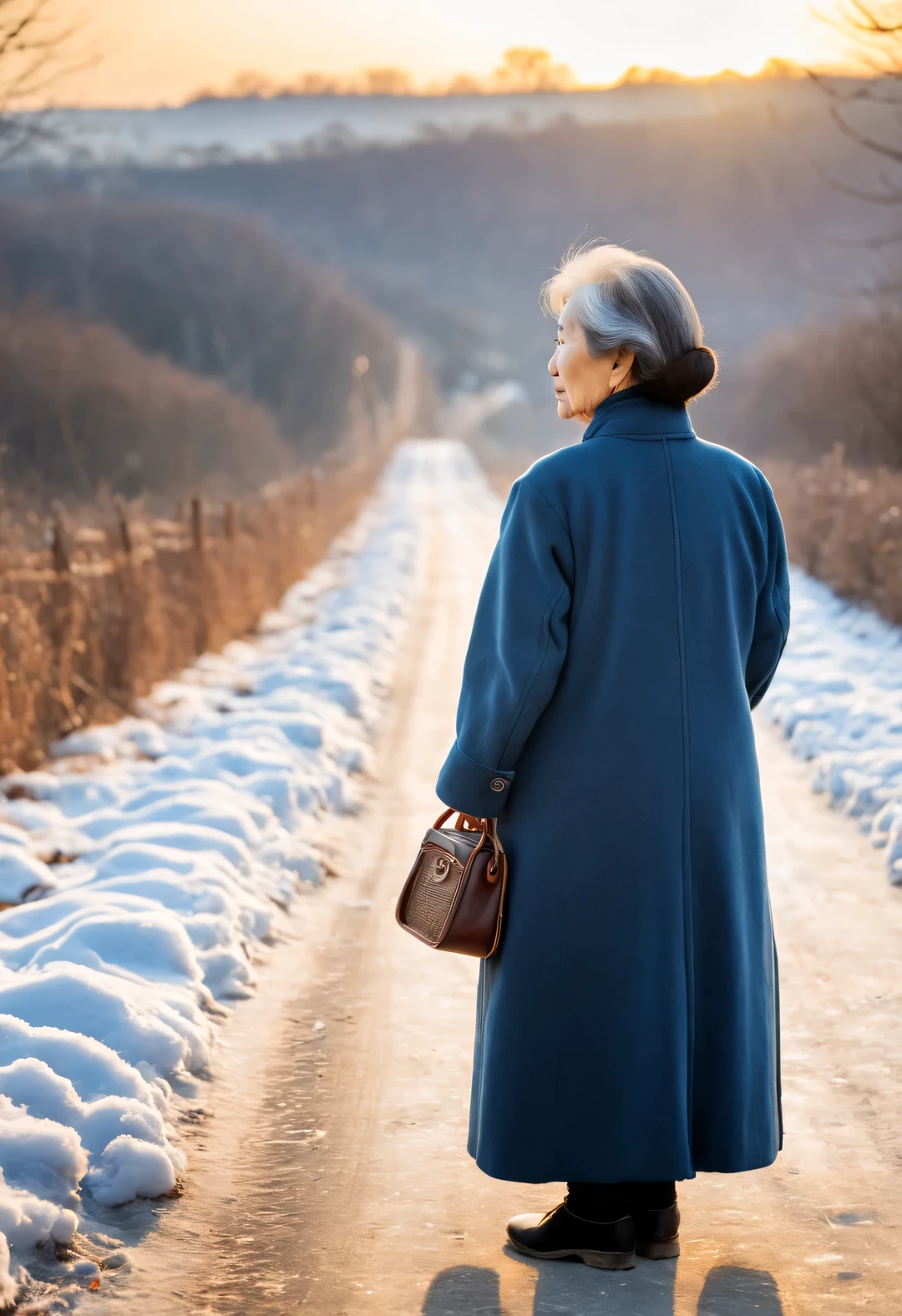 Vintage photography style ，（in the sunset，cold winter，The back view of an old Chinese mother standing on a snowy dirt road），Anxiously waiting for the children from far away to go home for the New Year，Her figure looks particularly determined in the afterglow，My old mother is over seventy years old， （Wearing an old dark blue cotton-padded jacket from the 1950s in China：0.85），The cuffs are badly worn，But still clean and tidy，Her hands，Although a little trembling，（But clutching the old crutch tightly：0.65），in this long wait，Look into the distance from time to time，This is a deep expectation and waiting。Her heart is filled with thoughts and blessings for her children，The wind is very cold，Grandma always stood there firmly，touch。when night falls，Grandma’s figure gradually becomes blurry