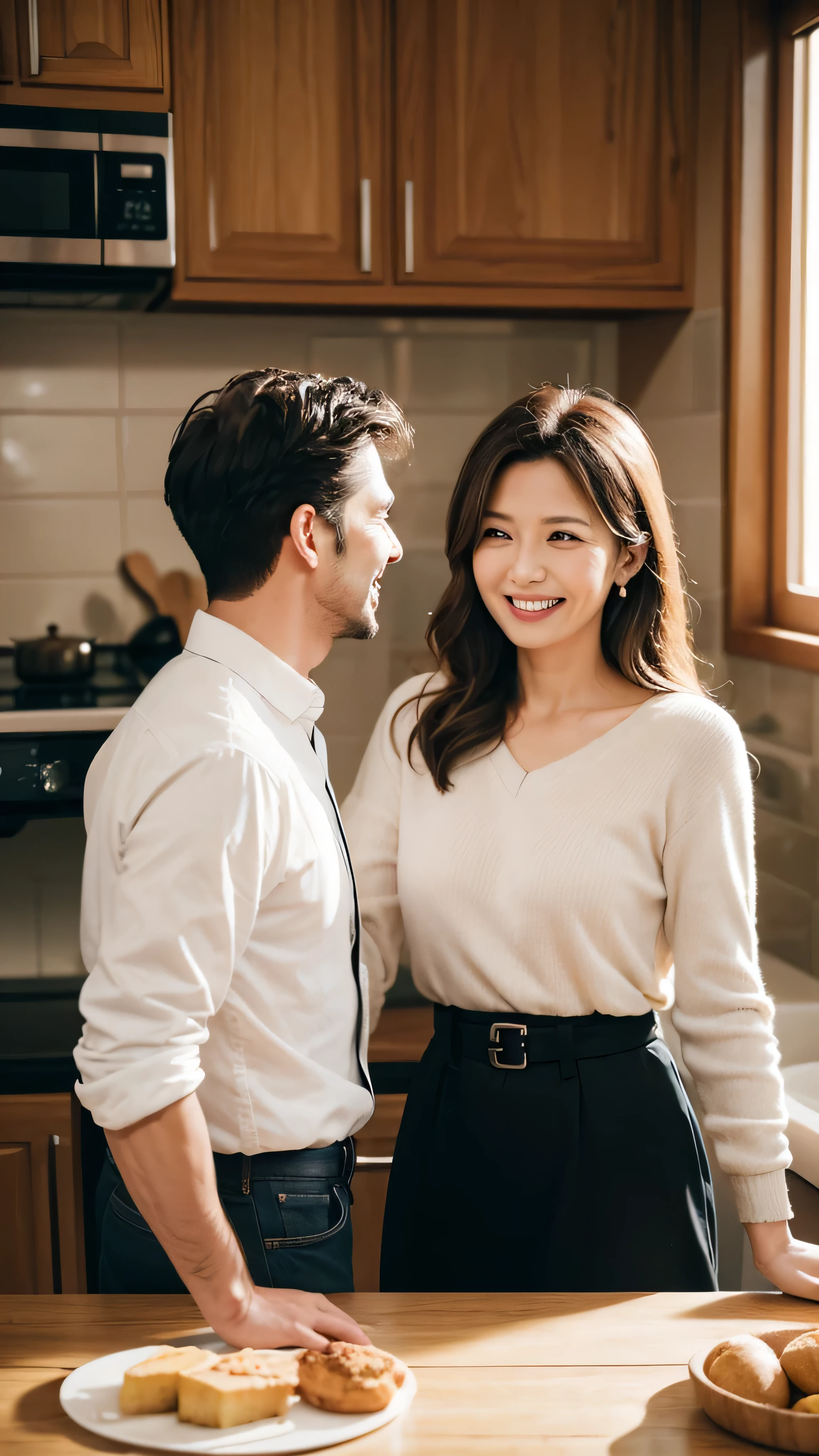 Wife smiling while explaining to the husband about the events of the previous night.
Background: Well-lit kitchen, showing a connection between the characters and a positive resolution to the confusion.