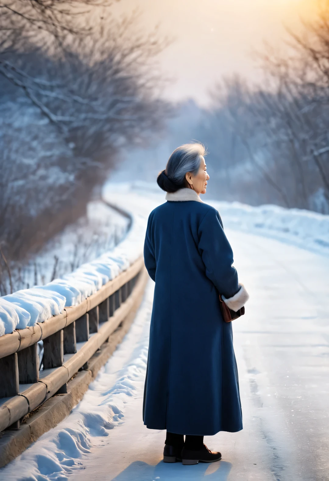 Vintage photography style ,(in the sunset,In winter, there is heavy snowfall,The back view of an old Chinese mother standing on the snowy road),Anxiously waiting for the children from far away to go home for the New Year,Her figure looks particularly determined in the afterglow,My old mother is over seventy years old, (Wearing an old dark blue cotton-padded jacket from the 1950s in China:0.85),The cuffs are badly worn,But still clean and tidy,Her hands,Although a little trembling,(But clutching the old crutch tightly:0.65),in this long wait,Look into the distance from time to time,This is a deep expectation and waiting。Her heart is filled with thoughts and blessings for her children,The wind is very cold,Grandma always stood there firmly,touch。when night falls,Grandma’s figure gradually becomes blurry