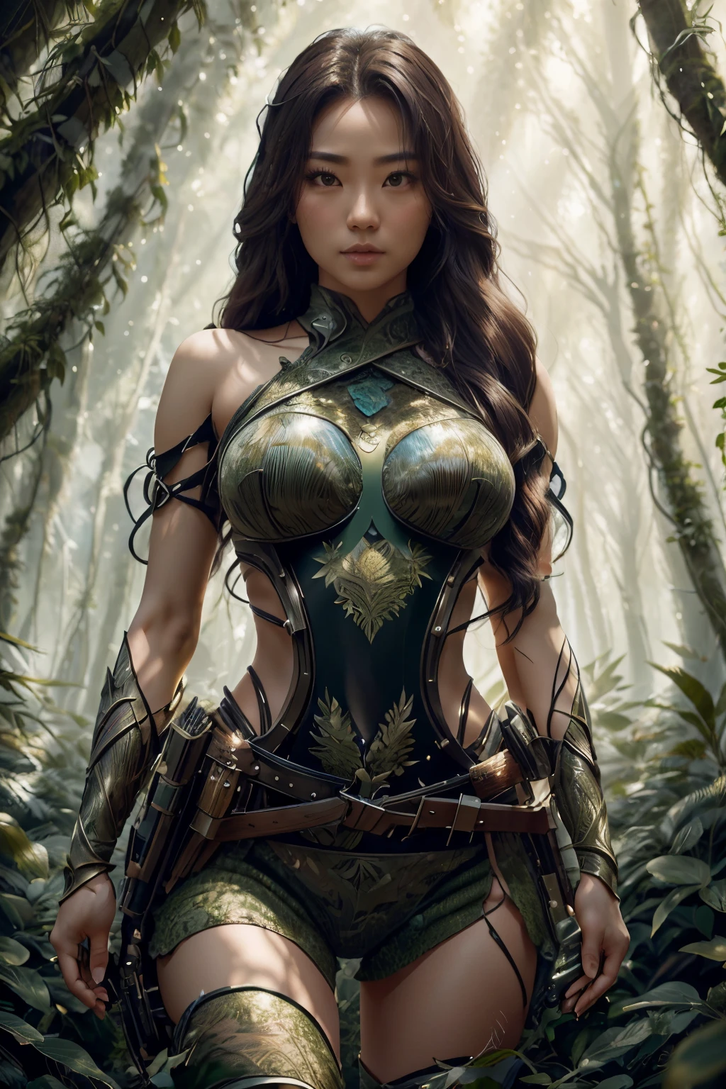 Half body angle, cave background, chiaroscuro lighting, Rembrandt lighting, huntress, wearing jungle costume, totems painted on face and arms, long brown hair, just right muscle lines, standing on the ground, heroic, realistic style, (8k, RAW Photo, Best Quality, Masterpiece: 1.2), (Fidelity: 1.3), (Real Skin Detail: 1.3), (Fidelity: 1.3), Detailed Facial Features, Super Detailed, Masterpiece, Realistic Lighting , best quality, masterpiece, best quality, highly detailed CG unity 8k wallpaper, at artstation