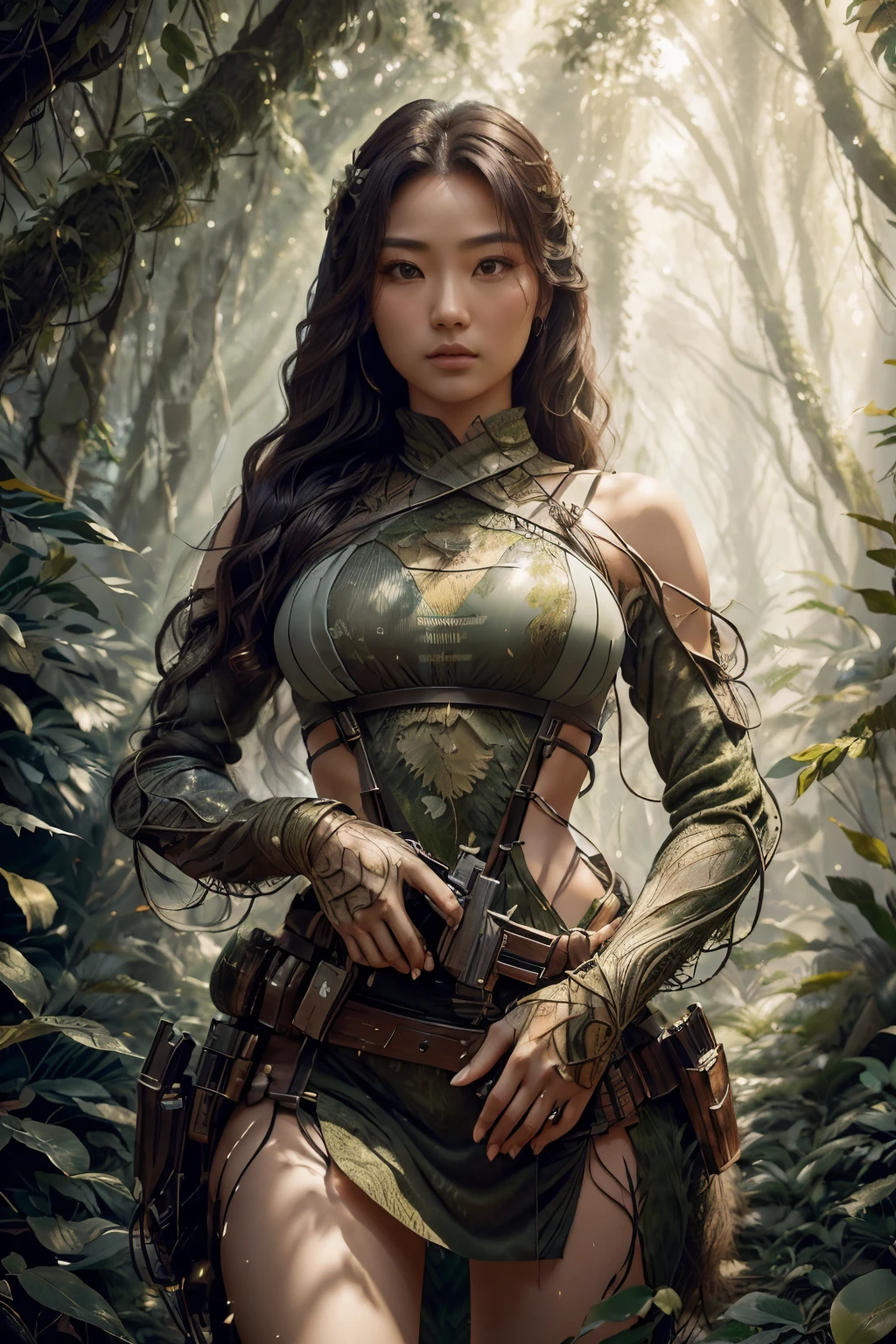 Masterpiece, Attractive Asian woman [Gunman: Bounty hunter: 0.4], with a confident and determined expression, standing tall in the heart of a surreal, cubic-style sci-fi forest. Her body radiantly illuminated by the soft, warm glow of dappled sunlight filtering through the trees. High quality, 8k resolution captures every detail – her almond-shaped eyes, long lashes, and delicate features. Her hair cascades in gentle waves down to her shoulders, framing her face like a work of art.

The forest's unique aesthetic emphasizes her athletic frame, toned from years of experience as a b