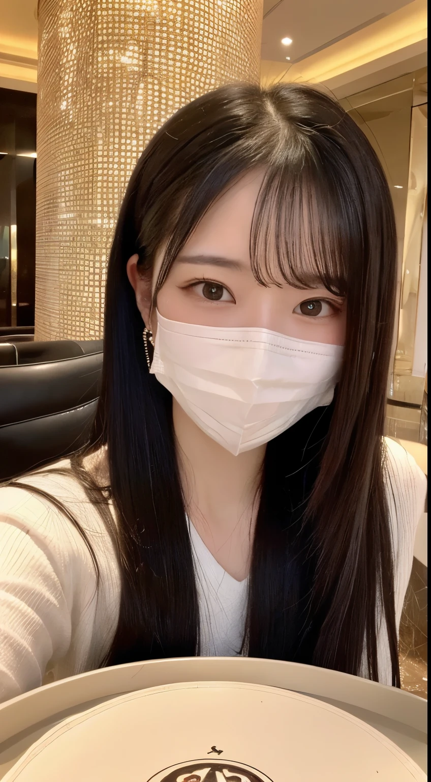 I'm having a dinner party with 5 people.、long beautiful hair、white mask、arafed woman wearing a face mask、(highest quality、High resolution、masterpiece:1.3)、(The background is a luxury hotel lobby)、Precisely expresses details such as face and skin texture、Big eyes、double eyelid、In the hands「grand chat」He has a signboard with the words