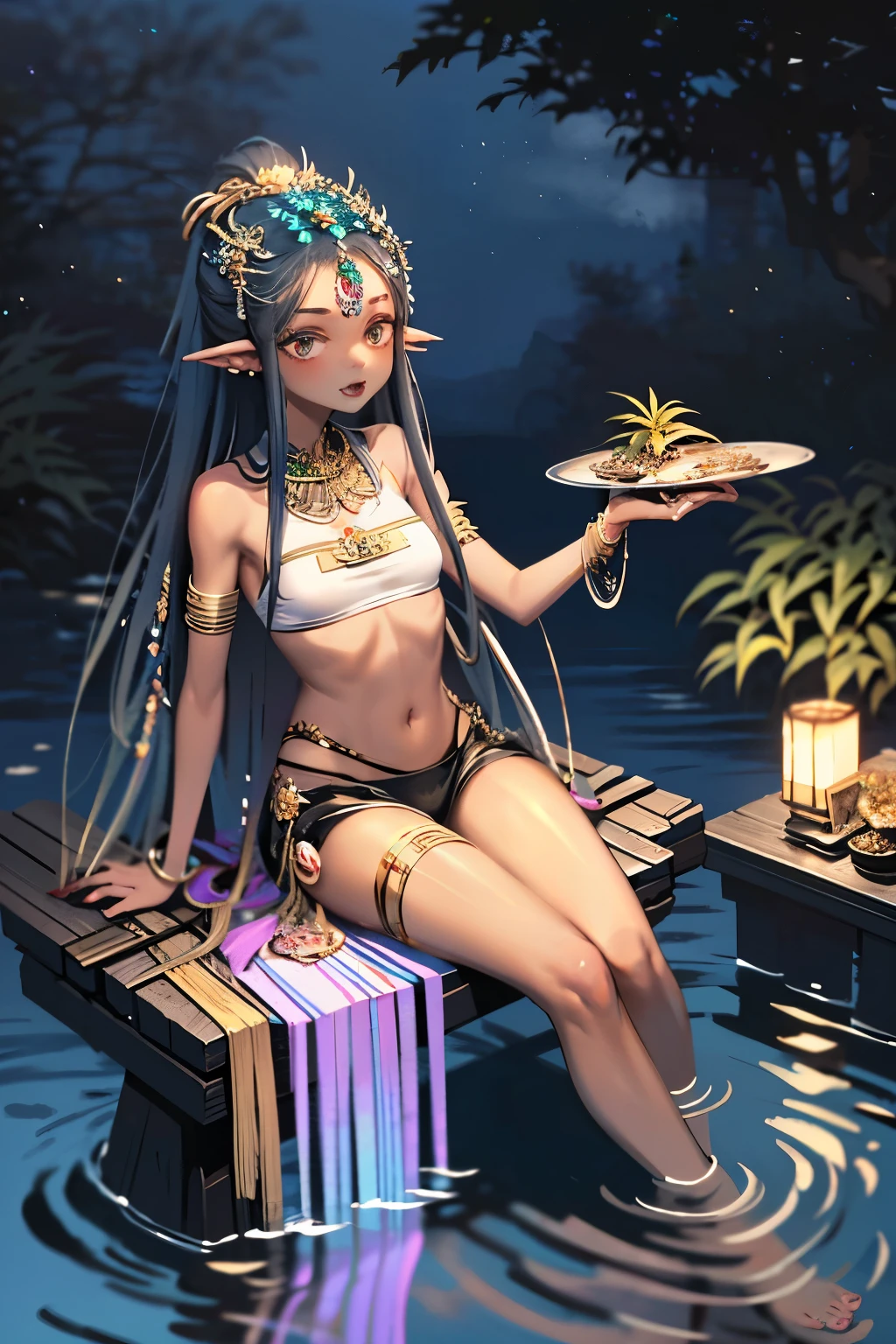 Benevolent intricately enrobed ((dark-skinned ((メスガキ **ビッチ)) goddess)) with dreadlocks sitting in a mystical bathhouse with her pretty perfect feet in water while bathing, wearing golden bracelets and anklets, henna on hands, tattered tight jean shorts, rolling tray with rolling papers and cannabis sativa flower nugs next to her, high quality photo, in the middle of the Tokyo cannabis forest behind her