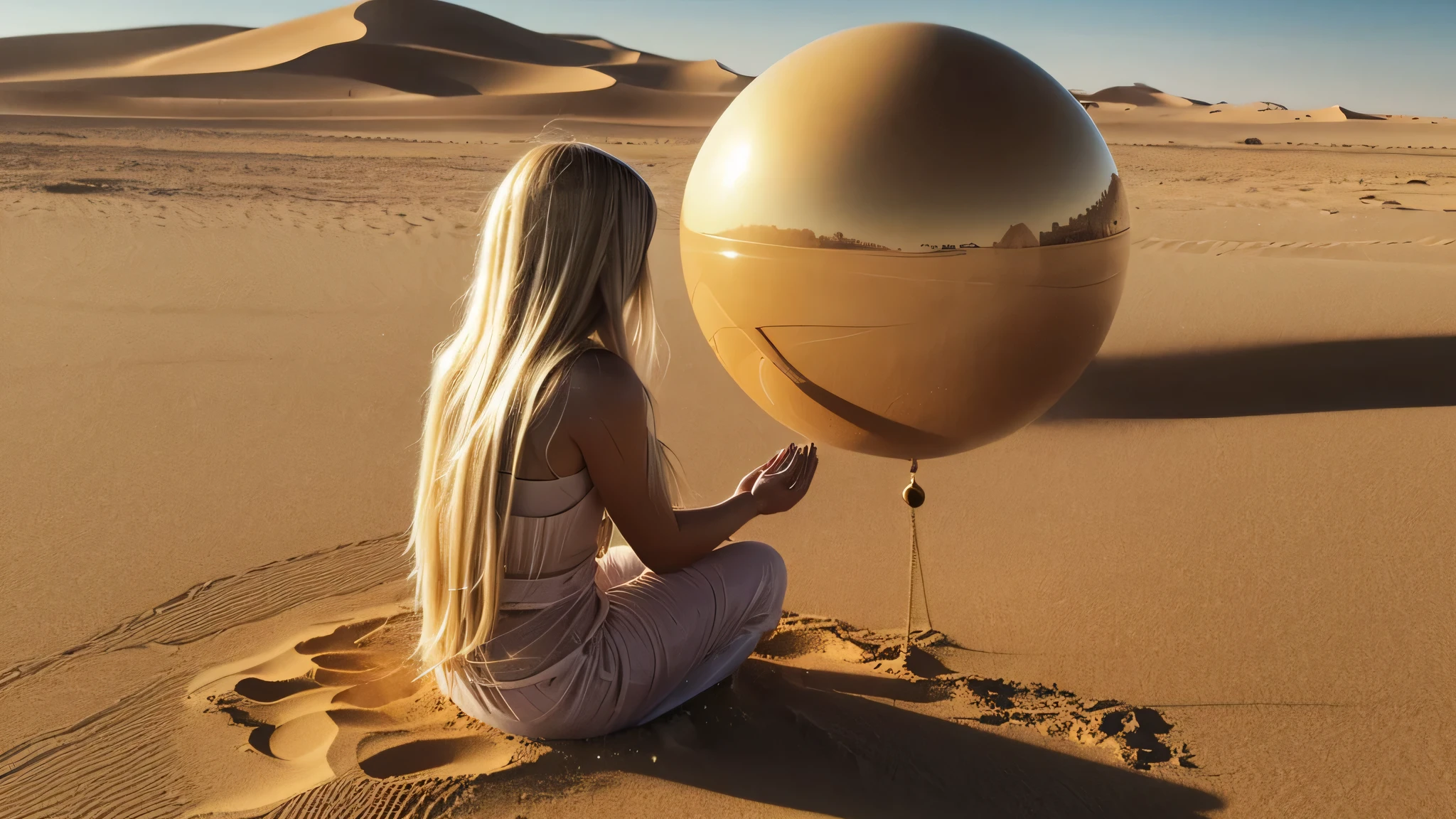 a close-up of a BLONDE with long hair, BIG BALL , sitting in the water, , beeple daily art, kneeling in prayer, inspired , in a serene vast desert, somewhere in sands of the desert, covered in sand, by Beeple, intimidating floating sand, praying meditating