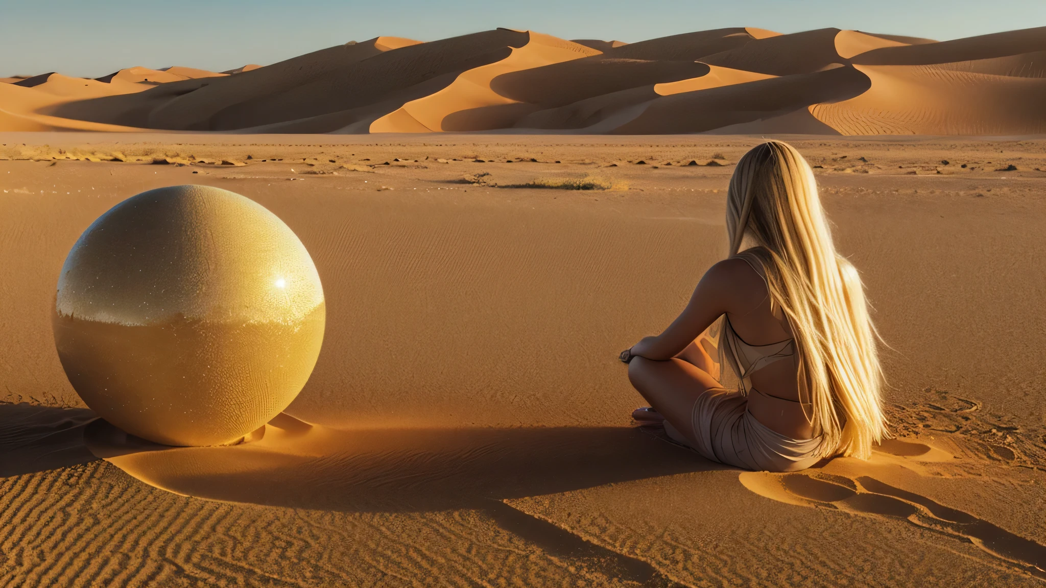 a close-up of a BLONDE with long hair, BIG BALL , sitting in the water, , beeple daily art, kneeling in prayer, inspired , in a serene vast desert, somewhere in sands of the desert, covered in sand, by Beeple, intimidating floating sand, praying meditating