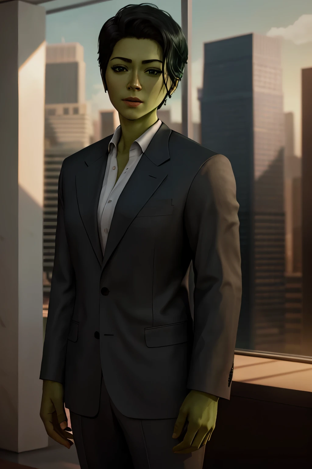 (realistic:1.1), (photorealistic:1.2), best quality, masterpiece, detailed background, detailed face, detailed skin texture, real shadows, realistic lighting, dramatic lighting, natural lighting, BREAK 1boy, shehulk, formal, suit, green skin, colored skin, office background, short hair 