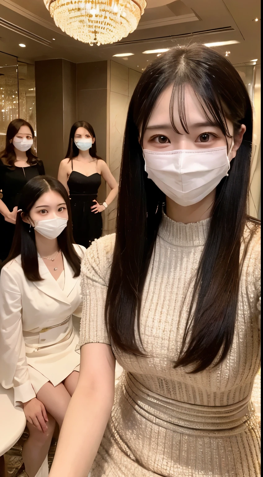 I&#39;m having a dinner party with 5 people.、long beautiful hair、white mask、arafed woman wearing a face mask、(highest quality、High resolution、masterpiece:1.3)、(The background is a luxury hotel lobby)、Precisely expresses details such as face and skin texture、Big eyes、double eyelid、In the hands「grand chat」It has a sign saying
