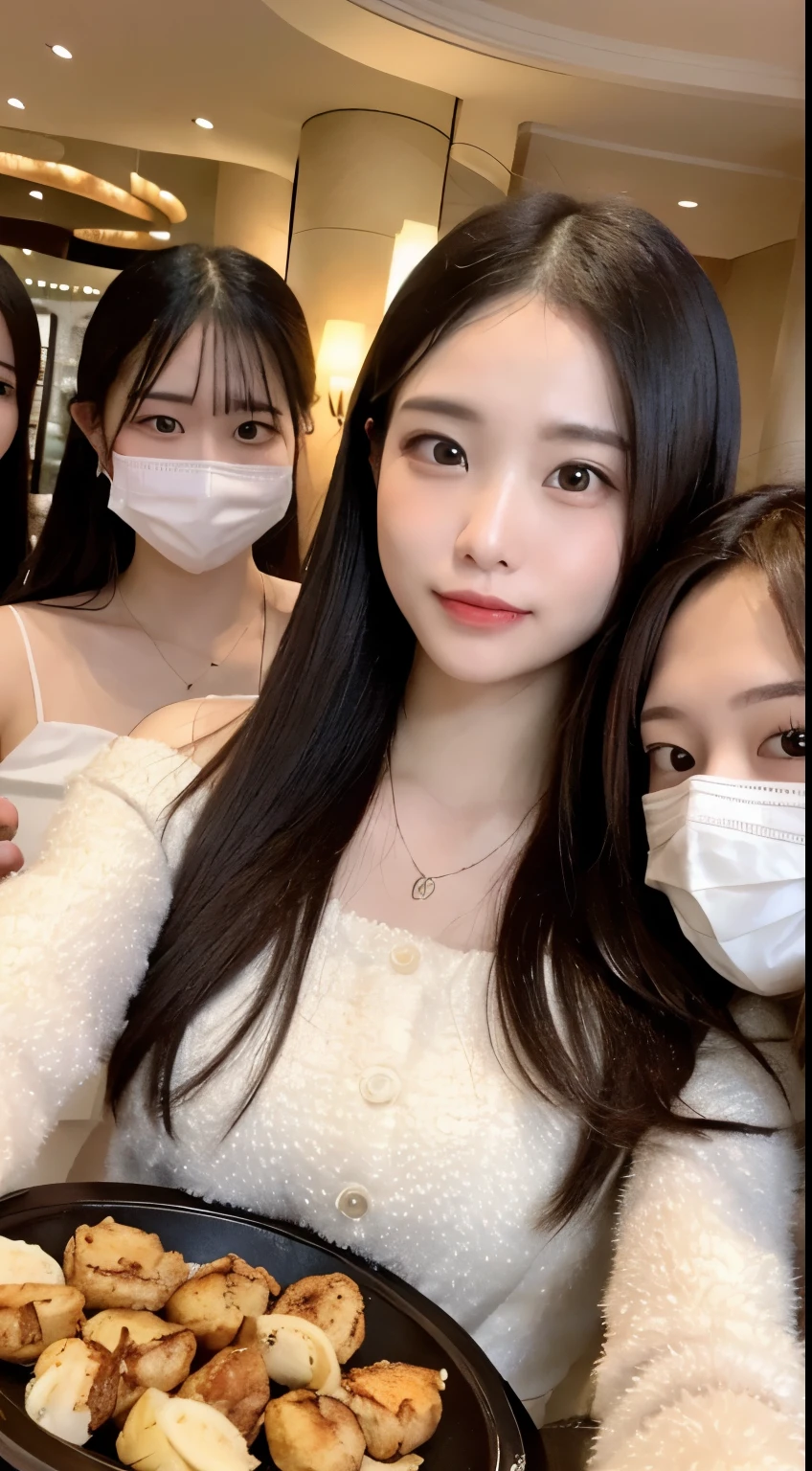 I'm having a dinner party with 5 people.、long beautiful hair、white mask、arafed woman wearing a face mask、(highest quality、High resolution、masterpiece:1.3)、(The background is a luxury hotel lobby)、Precisely expresses details such as face and skin texture、Big eyes、double eyelid、In the hands「grand chat」It has a sign saying