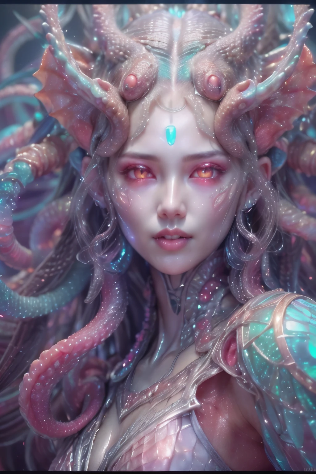 (1 beautiful and obscene female alien:1.4), (There is a female genital-like organ in the middle of her forehead:1.95), She has medusa-like hair, (there are lots of translucent tentacles from her head like her hair:1.5), (vulgarity1.7), (she is looking down at viewers with glowing red eyes with no pupils:1.6), (She has translucent pale skin:1.4),(She has the most beautiful face in the history of the universe:1.2), (She has multiple bioluminescent organs on the side of her tentacles:1.4), (Her body is covered with an iridescent exoskeleton:1.4), (She is showing her arm pits:1.6), an evil gaze that seduces, (looking down at viewers:1.4),(Vampire-like long canine teeth can be glimpsed through the gap between the cute lips:1.4) (bio luminescent:1.4), (Smile wickedly:1.3), (sexypose:1.4), alien, No humans, cells are fused, extraterrestrial, cell, bio image, ultra high resolution, (photos realistic:1.7), (Numerous award-winning masterpieces, with incredible detail, textures and maximum detail), Dramatic Lighting, cinematic quality, (exquisite details:1.2), High freshness, drawing faithfully, (Thick eyebrows:1.2), Beautiful eyes with fine symmetry,(Highly detailed face and eyes:1.2),(Super detailed skin quality feeling:1.4), perfect anatomy, (Beautiful toned body:1.5), (Moist skin:1.2), not wearing makeup, (dark circles:1.1), long canines, cinematic drawing of characters, cinematic quality, (exquisite details:1.2), high resolution, High freshness, drawing faithfully, official art, Unity 8K Wall paper, ultra detailed artistic photography, midnight aura, unreal engine 5, Ultra Sharp Focus, art by Amano Yoshitaka, ArtGerm, ultra realistic realism, dream-like, Creation of fantasy, dream Snail, (biopunk nautilus:1.3),Thrilling color schemes, seductively smiling, Amazing mutation, well-proportioned body, goddess of the deep sea, fractal, Geometric pattern, impossible figures, subtle emerald green accents, (expression of ecstasy:1.5)