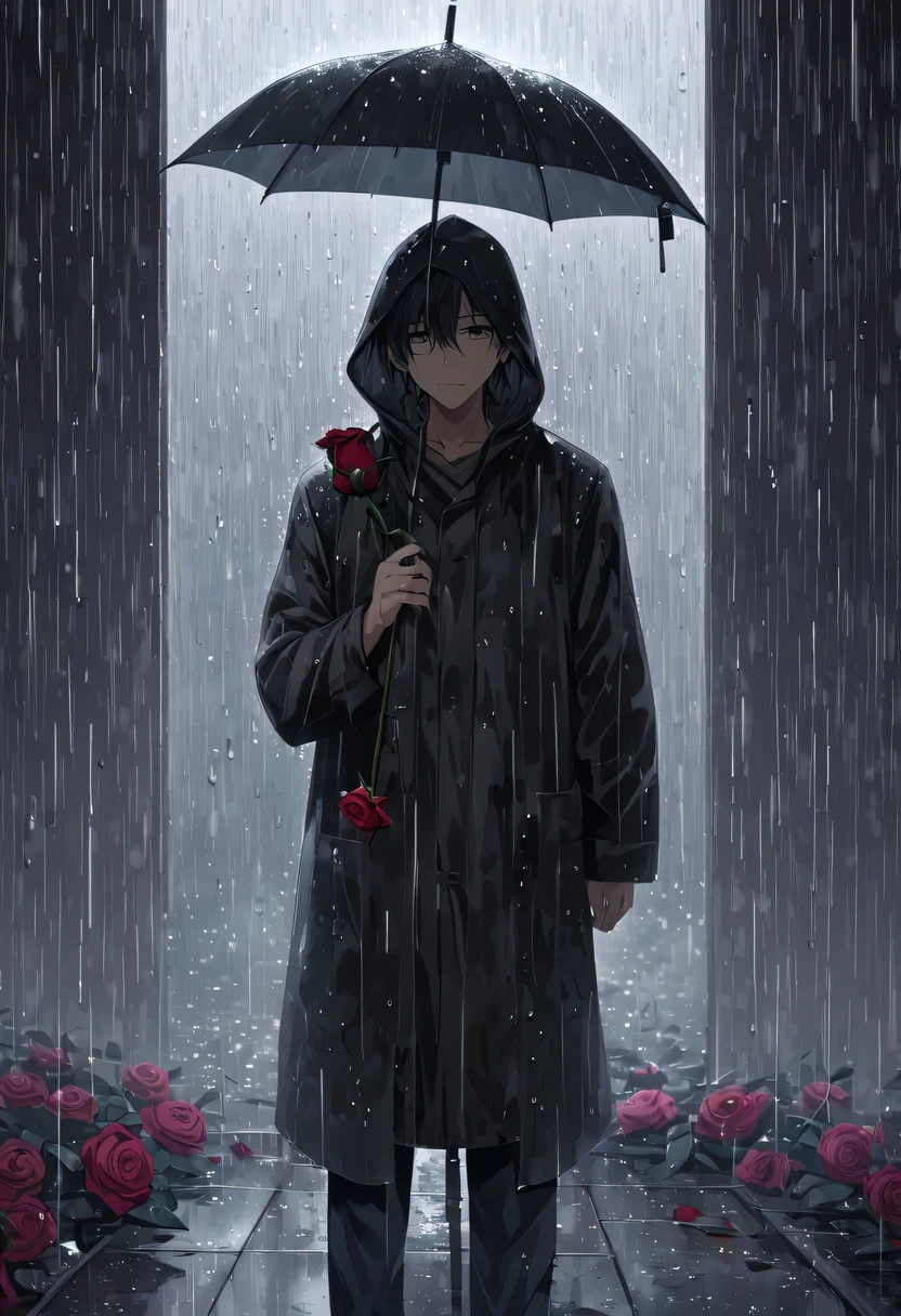 at a busy station,cold rain,Standing alone in the rain,The tightly held roses are scattered on the ground。His eyes were a little confused,The expression is sad,Gloomy eyes, Heqiang,Wilted roses,Wilted flowers,The rain washed his cheeks。He insisted on waiting,Believe that the one you love will come back。