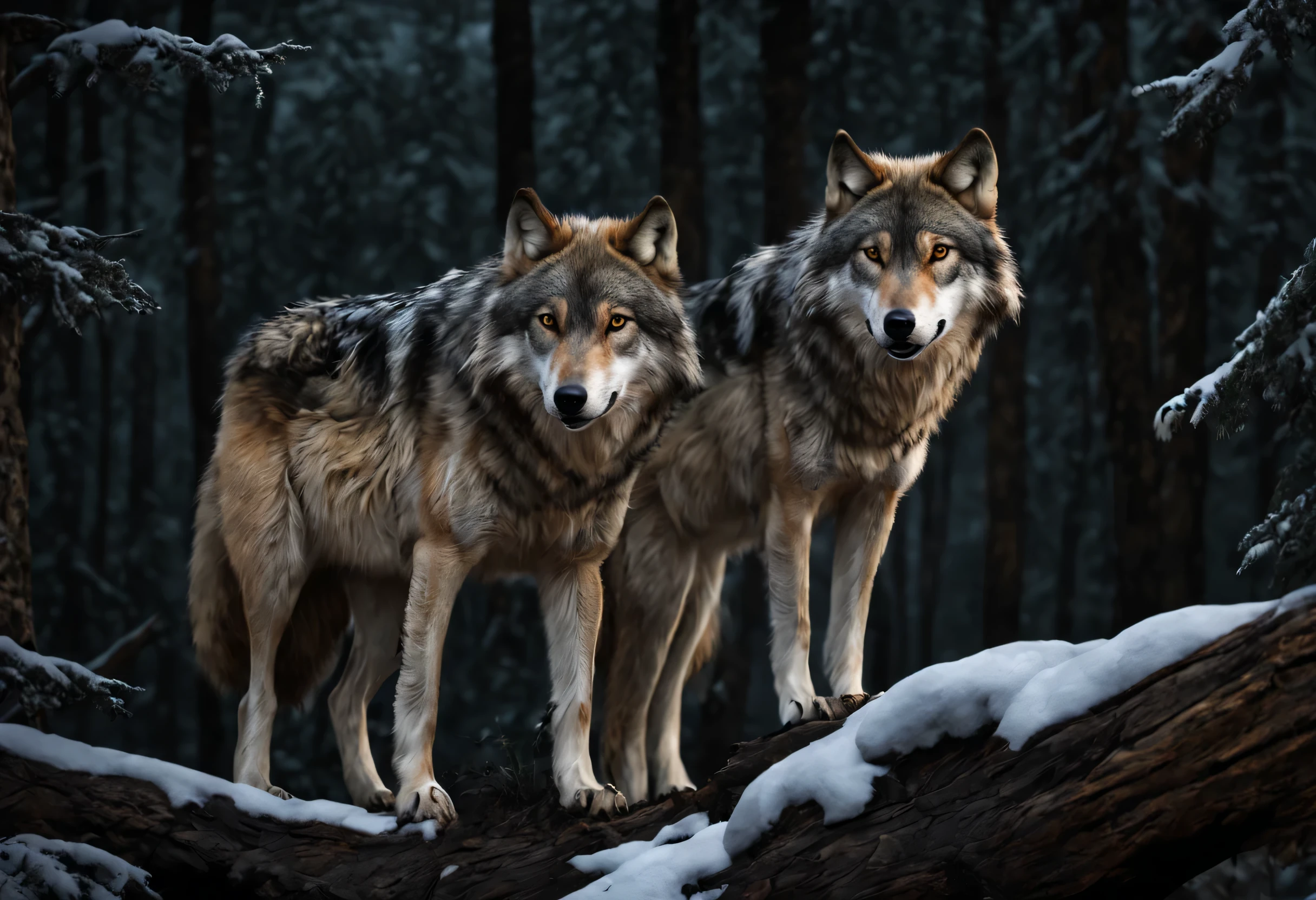 (best quality,4k,8k,highres,masterpiece:1.2),ultra-detailed,(realistic,photorealistic,photo-realistic:1.37),nature,wildlife,animals,wolves pack,aggressive,wild hunting,night,forest,moonlight,lonely,wolf's eye focus,powerful predator,ferocious,teeth,sharp claws,thick fur,dark fur,howling,hungry gaze,wolves pack surrounded,pale moonlight,ominous silence,carnivorous appetites,hunters waiting their turn,eerie atmosphere,savage nature,cruel instincts,anticipation,primal instincts,stealthy movements,deadly pursuit,intense hunger,feral aura,swift movements,anxiety in the air,vicious feast,prey's struggle,dominance,pack hierarchy