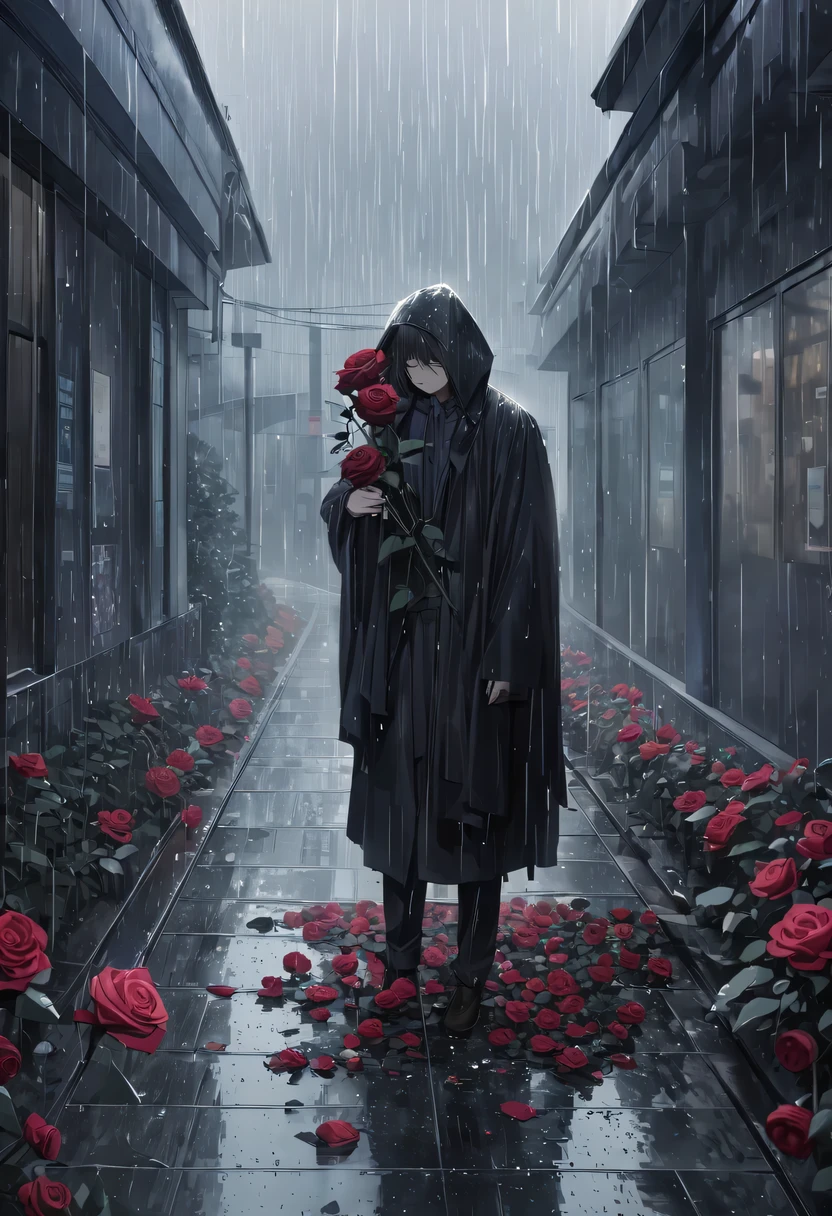 at a busy station，cold rain，Standing alone in the rain，The tightly held roses are scattered on the ground。His eyes were a little confused，The expression is sad，Gloomy eyes， Heqiang，Wilted roses，Wilted flowers，The rain washed his cheeks。He insisted on waiting，Believe that the one you love will come back。