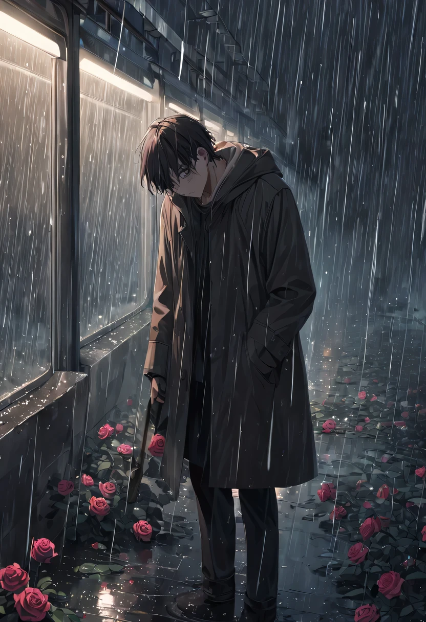 at a busy station，cold rain，Standing alone in the rain，The tightly held roses are scattered on the ground。His eyes were a little confused，The expression is sad，Gloomy eyes， Heqiang，Wilted roses，Wilted flowers，The rain washed his cheeks。He insisted on waiting，Believe that the one you love will come back。