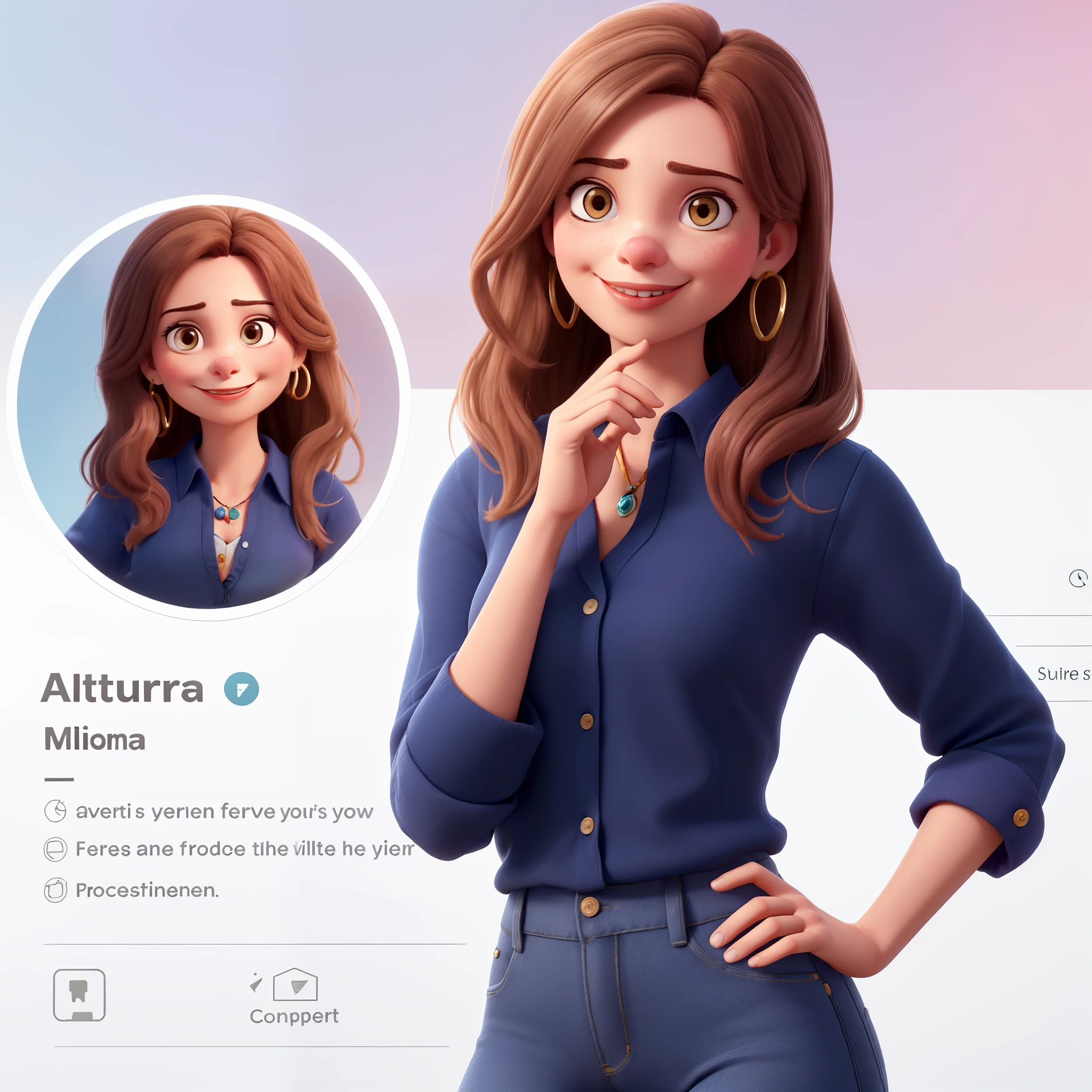 Imagine uma personagem feminina animada chamada Aurora Arruda. She is a successful Brazilian businesswoman aged around 28 with peach skin and slightly rosy cheeks.. Aurora has large, light brown eyes that are expressive and flanked by long eyelashes.. Her brown hair is wavy, voluminous and fall gracefully to just below the shoulders. Ela tem um nariz pequeno e arredondado, and wears medium gold hoop earrings. Aurora displays a friendly smile with medium lips highlighted by discreet pink lipstick. His posture is confident and professional, apresentando um produto. She wears a blue button-down shirt with sleeves rolled up to the elbow and dark blue high-waisted jeans., complementadas por um cinto marrom com fivela dourada. To represent Aurora in different scenarios, keep the essential features of your face and hair consistent. As roupas, accessories, e a postura devem ser alterados para se adequar ao contexto, while facial expressions should reflect the desired emotion or action.