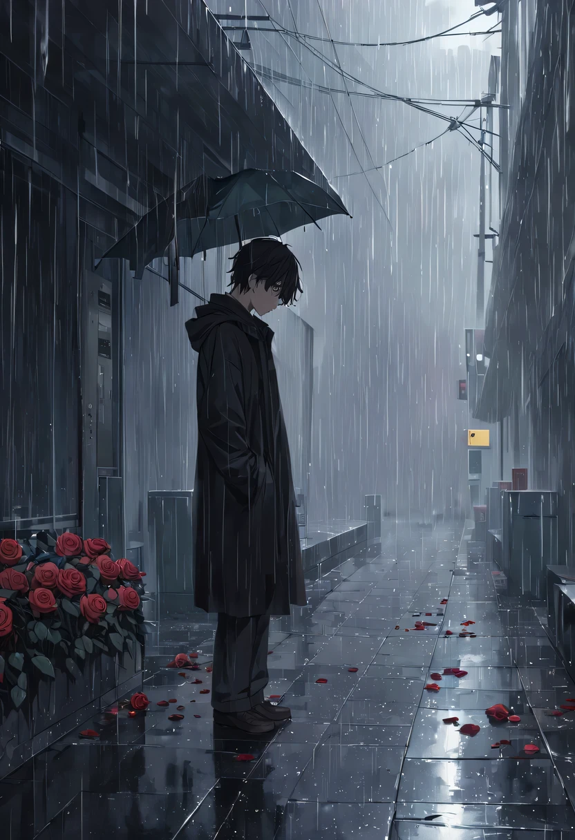 at a busy station，cold rain，Standing alone in the rain，The tightly held roses are scattered on the ground。His eyes were a little confused，The expression is sad，Gloomy eyes， Heqiang，Wilted roses，Wilted flowers，The rain washed his cheeks。He insisted on waiting，Believe that the one you love will come back。