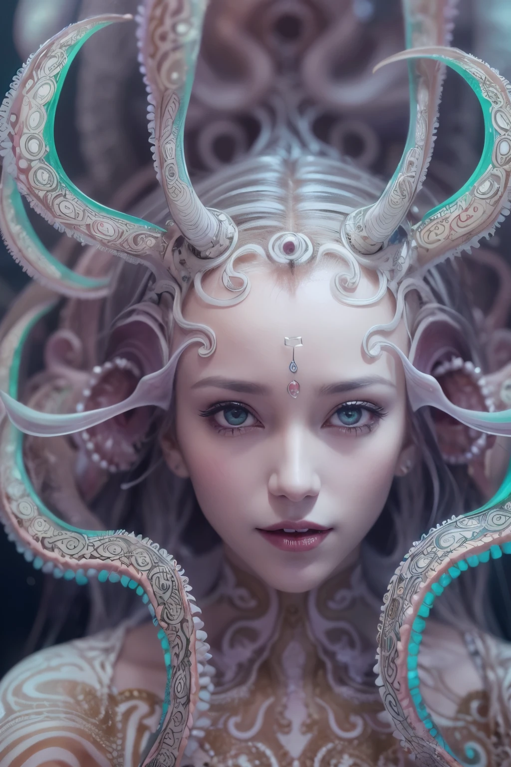 (A portrait of one beautiful and obscene female alien who is a young ager:1.4), ((There is a female genital-like organ in the middle of her forehead:1.8)), (realistic face:1.2), (Numerous award-winning masterpieces, with incredible detail, textures and maximum detail), artistic photography, midnight aura, unreal engine 5, Ultra Sharp Focus, art by Amano Yoshitaka, ArtGerm, Roisch, intricate artwork, ultra realistic realism, high resolution, High freshness, drawing faithfully, official art, Unity 8K Wall paper, ultra detailed artistic photography, dream-like, Creation of fantasy, dream Snail, (biopunk nautilus:1.3),Thrilling color schemes, seductively smiling, Amazing mutation, well-proportioned body, goddess of the deep sea, fractal, Geometric pattern, impossible figures, (translucent white tentacles with luminescent organs:1.4), subtle emerald green accents, (smiling seductively:1.3),(She has the most beautiful face in the history of the universe:1.5), Penelope Cruz, (she is looking down at viewers with glowing iridescent eyes with no pupils:1.3), an evil gaze that seduces, cinematic lighting, (Vampire-like long canine teeth can be glimpsed through the gap between the cute lips:1.3), in the hall of the palace, Sweet breath is exhaling from beautiful lips, ecstatic expression