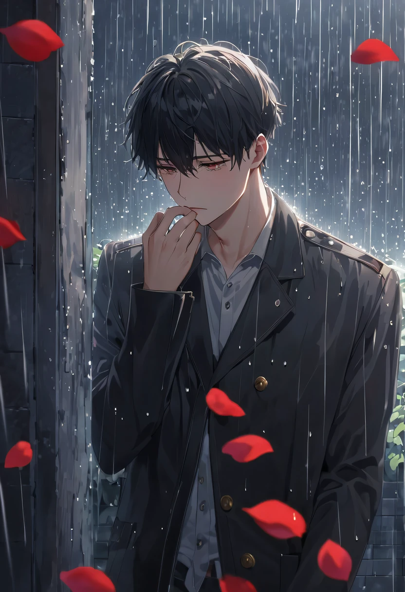 at a busy station，cold rain，Standing alone in the rain，The tightly held roses are scattered on the ground。His eyes were a little confused，The expression is sad，Gloomy eyes， Heqiang，Wilted roses，Wilted flowers，The rain washed his cheeks。He insisted on waiting，Believe that the one you love will come back。