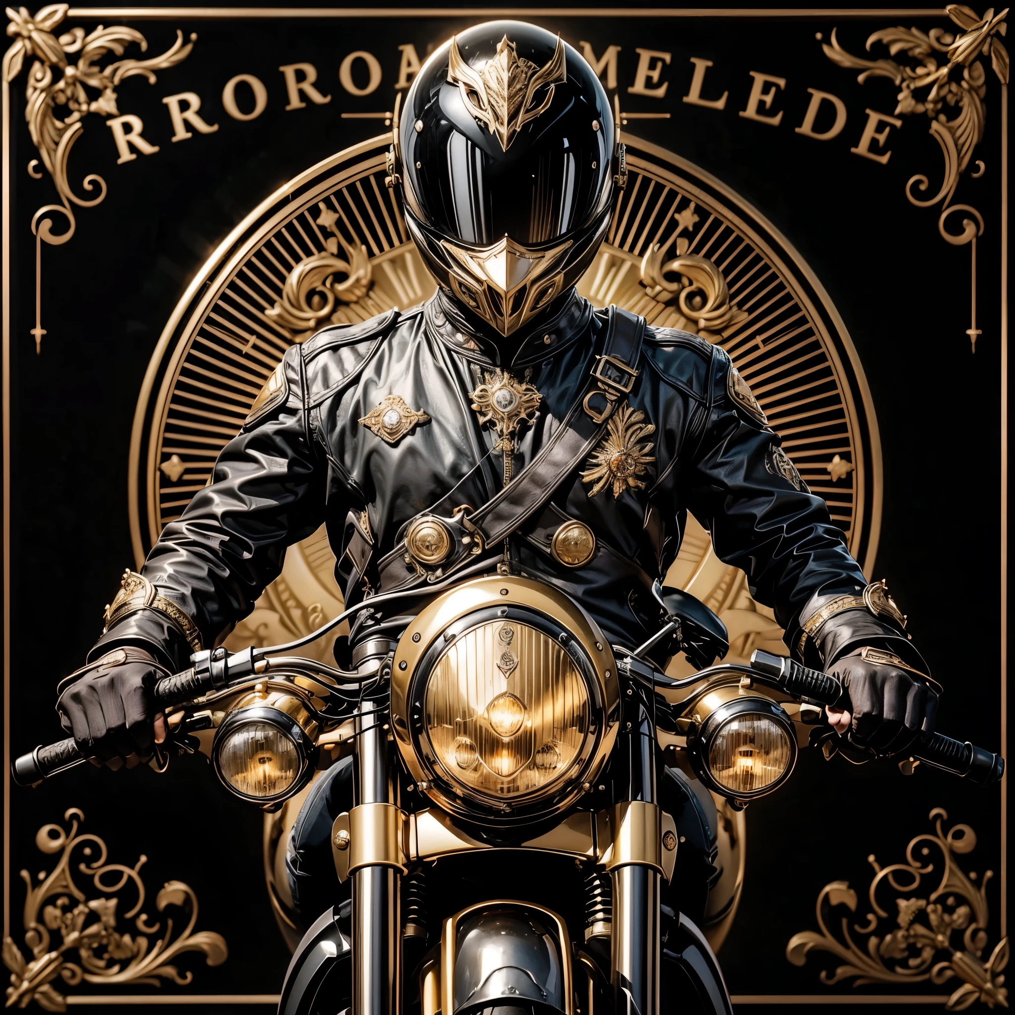 Nome da marca: Sawar Moto
Estilo: Classic, sofisticado
Cores: Preto, dourado, vermelho
Elementos:
Um cavaleiro elegantemente vestido, usando roupas de motociclismo e capacete, posicionado de frente, conveying confidence and authority.
A moto, vista de frente, como elemento central, com linhas elegantes e detalhes em dourado e vermelho, simbolizando poder e luxo.
Elementos de design que evocam riqueza, tradition and quality, como detalhes sutis em metais preciosos.
Ambos cavaleiro e motocicleta devem ser representados de forma estilizada e elegante, conveying a feeling of exclusivity and superior quality.
