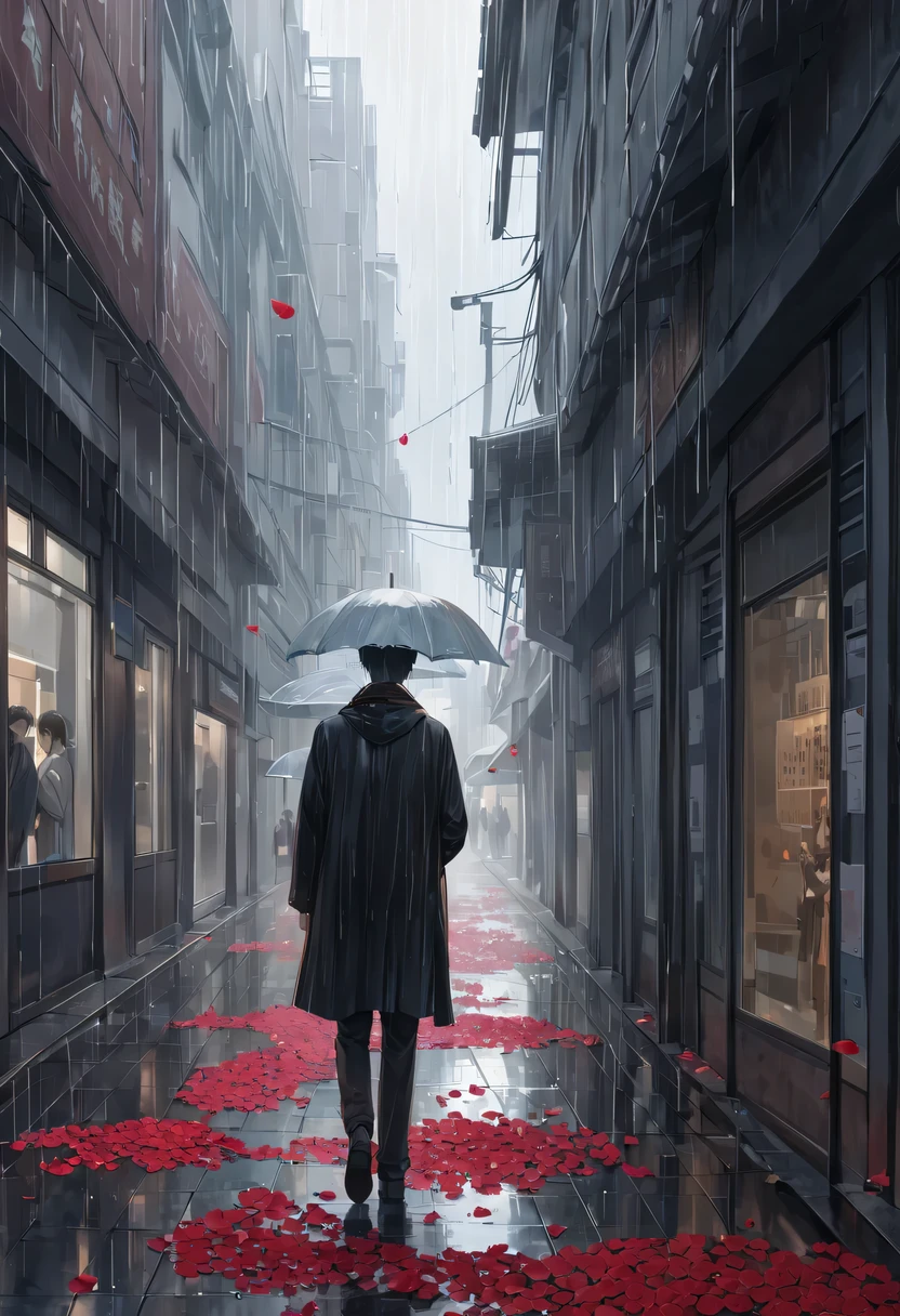 at a busy station,The crowd was bustling,But there was a man standing alone in the street。His eyes were empty and confused,It was as if he had lost his way。His brow furrowed,As if with endless sorrow。
He is holding a rose in his hand,But the rain beat him mercilessly,sprinkle with roses。Petals are scattered all over the place,Bright colors dim in the rain。His hand dropped weakly,Let the rain wash over his fingers。
There was no expression on his face,But his eyes revealed deep sadness。The corners of his eyes are red,Tears are rolling in my eyes,But he tried not to let them slip away。His breathing is a little rapid,It’s as if the inner uneasiness cannot be calmed down。
people coming and going around,No one noticed his presence。He stood alone in the rain,Let the rain soak his body。His shoulders are slightly sloping,As if carrying an unspeakable burden。
His eyes look into the distance from time to time,Seems to be looking for something。His fingers gently touched the scattered rose petals,It's like going back to the good old days。His lips were tightly closed,the corners of your mouth rise slightly,As if silently telling myself to be strong。
Although in the crowd,But he felt helpless。He waited silently,no matter how hard and desperate,He firmly believes that his beloved will come back。every expression of his、Every body language is full of affection and persistence,Let people feel his firmness and persistence in。