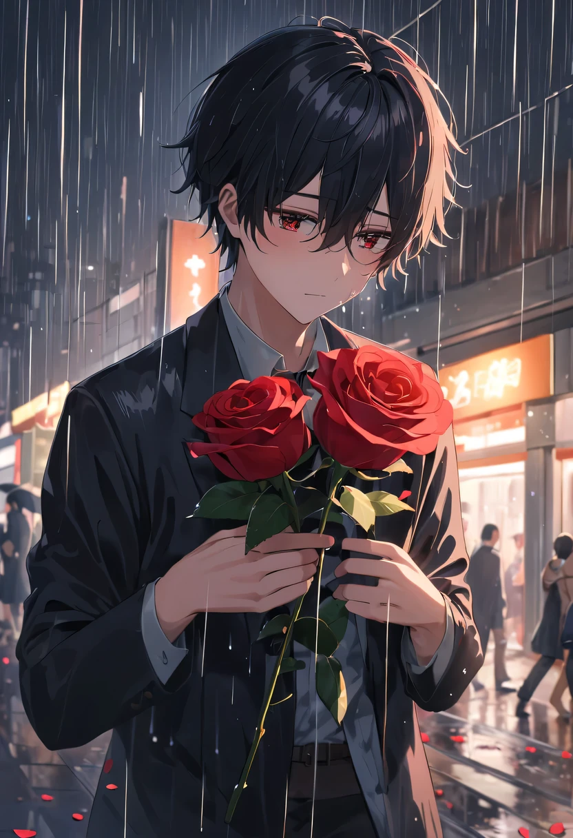 at a busy station，cold rain，Standing alone in the rain，The tightly held roses are scattered on the ground。His eyes were a little confused，The expression is sad，Gloomy eyes， Heqiang，Wilted roses，Wilted flowers，The rain washed his cheeks。He insisted on waiting，Believe that the one you love will come back。