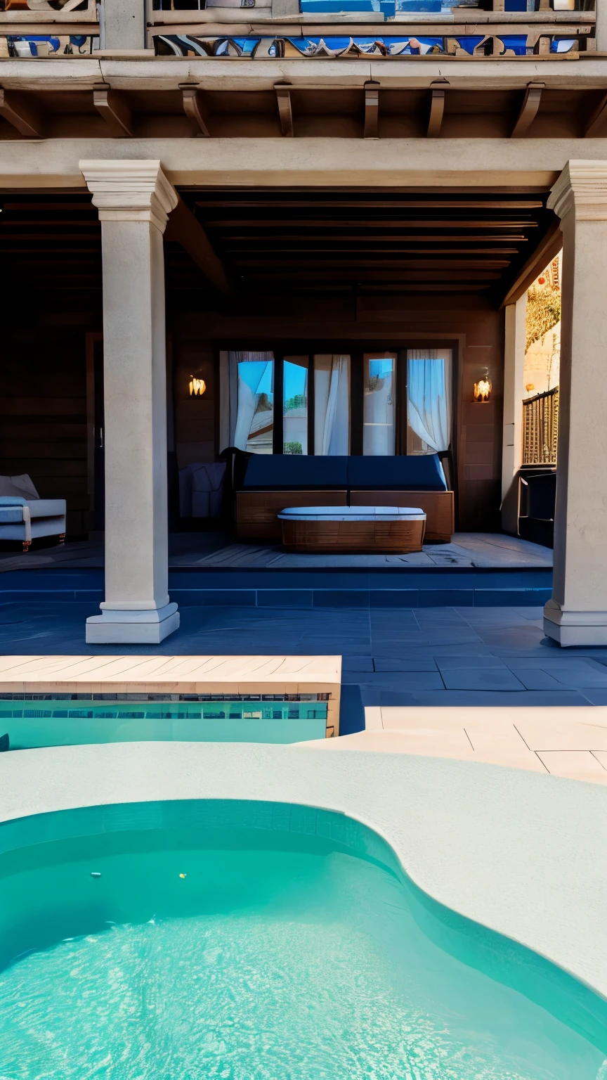 ((best quality)), ((masterpiece)), (detailed), perfect lighting of a hot tub on a balcony in Italy. Photo realistic, Liminal themed.