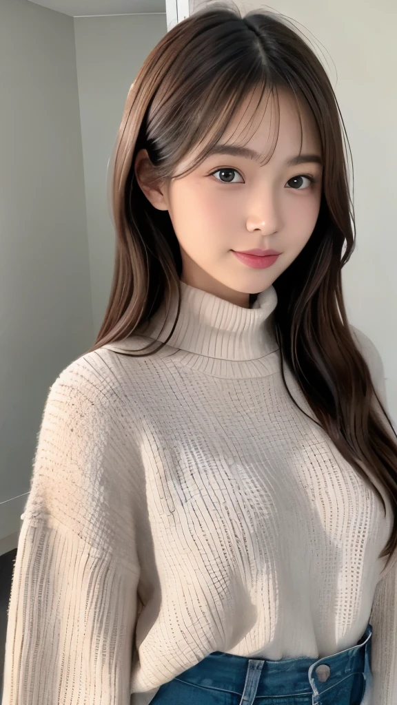 (In 8K、RAW photo、highest quality、realistic、Photoreal, look at the viewer, light shines on your face, gray background), 22-year-old female, Japanese, youthful radiance, almond-shaped eyes, soft brows, light pink lipstick, natural makeup. Casual hairstyle, cozy knit sweater, denim skirt, black tights, ankle boots, minimalist watch.