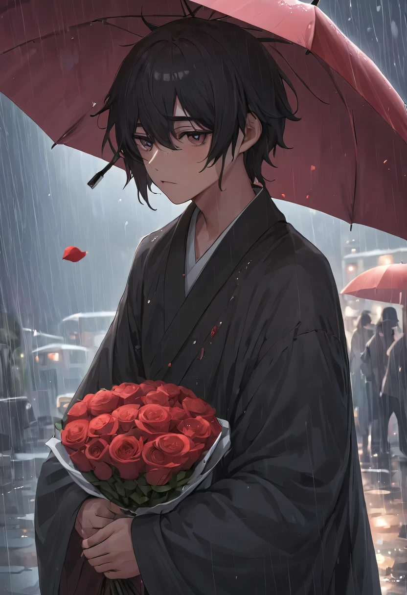 at a busy station,The crowd was bustling,But there was a man standing alone in the street。His eyes were empty and confused,It was as if he had lost his way。His brow furrowed,As if with endless sorrow。
He is holding a rose in his hand,But the rain beat him mercilessly,sprinkle with roses。Petals are scattered all over the place,Bright colors dim in the rain。His hand dropped weakly,Let the rain wash over his fingers。
There was no expression on his face,But his eyes revealed deep sadness。The corners of his eyes are red,Tears are rolling in my eyes,But he tried not to let them slip away。His breathing is a little rapid,It’s as if the inner uneasiness cannot be calmed down。
people coming and going around,No one noticed his presence。He stood alone in the rain,Let the rain soak his body。His shoulders are slightly sloping,As if carrying an unspeakable burden。
His eyes look into the distance from time to time,Seems to be looking for something。His fingers gently touched the scattered rose petals,It's like going back to the good old days。His lips were tightly closed,the corners of your mouth rise slightly,As if silently telling myself to be strong。
Although in the crowd,But he felt helpless。He waited silently,no matter how hard and desperate,He firmly believes that his beloved will come back。every expression of his、Every body language is full of affection and persistence,Let people feel his firmness and persistence in。