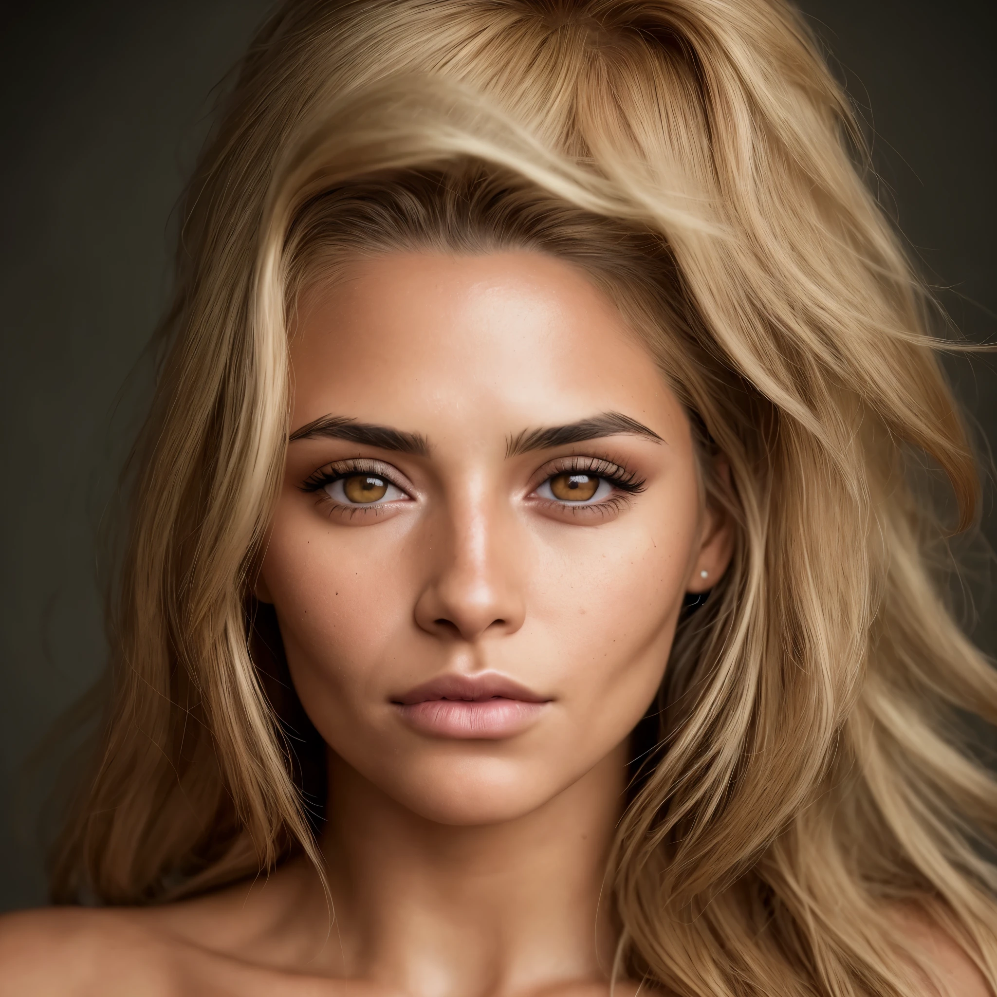 a photorealistic portrait of a stunningly beautiful tanned argentinian woman with light make-up, extremely detailed dark brown eyes, detailed symmetric realistic face, extremely detailed natural texture, peach fuzz, windy blonde long hair, masterpiece, absurdres, award winning photo by lee jeffries, nikon d850 film stock photograph, kodak portra 400 camera f1.6 lens, extremely detailed, amazing, fine detail, rich colors, hyper realistic lifelike texture, dramatic lighting, unrealengine, trending on artstation, cinestill 800 tungsten, looking at the viewer, photo realistic, RAW photo, TanvirTamim, high quality, highres, sharp focus, extremely detailed, cinematic lighting, 8k uhd,-imagine-
