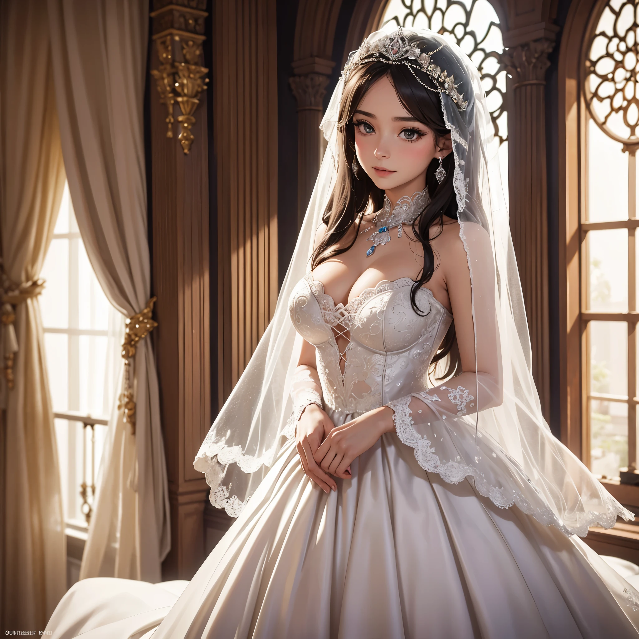 a woman in a wedding dress and veil standing in a room, very magical and dreamy, robe. extremely high details, beautiful detailed elegant, wedding dress, jeweled veil, dreamy and detailed, beautiful wedding dress, 8k)), veil, by Olga Rozanova, by Elena ????, by Marie Bashkirtseff, extremely beautiful and ethereal