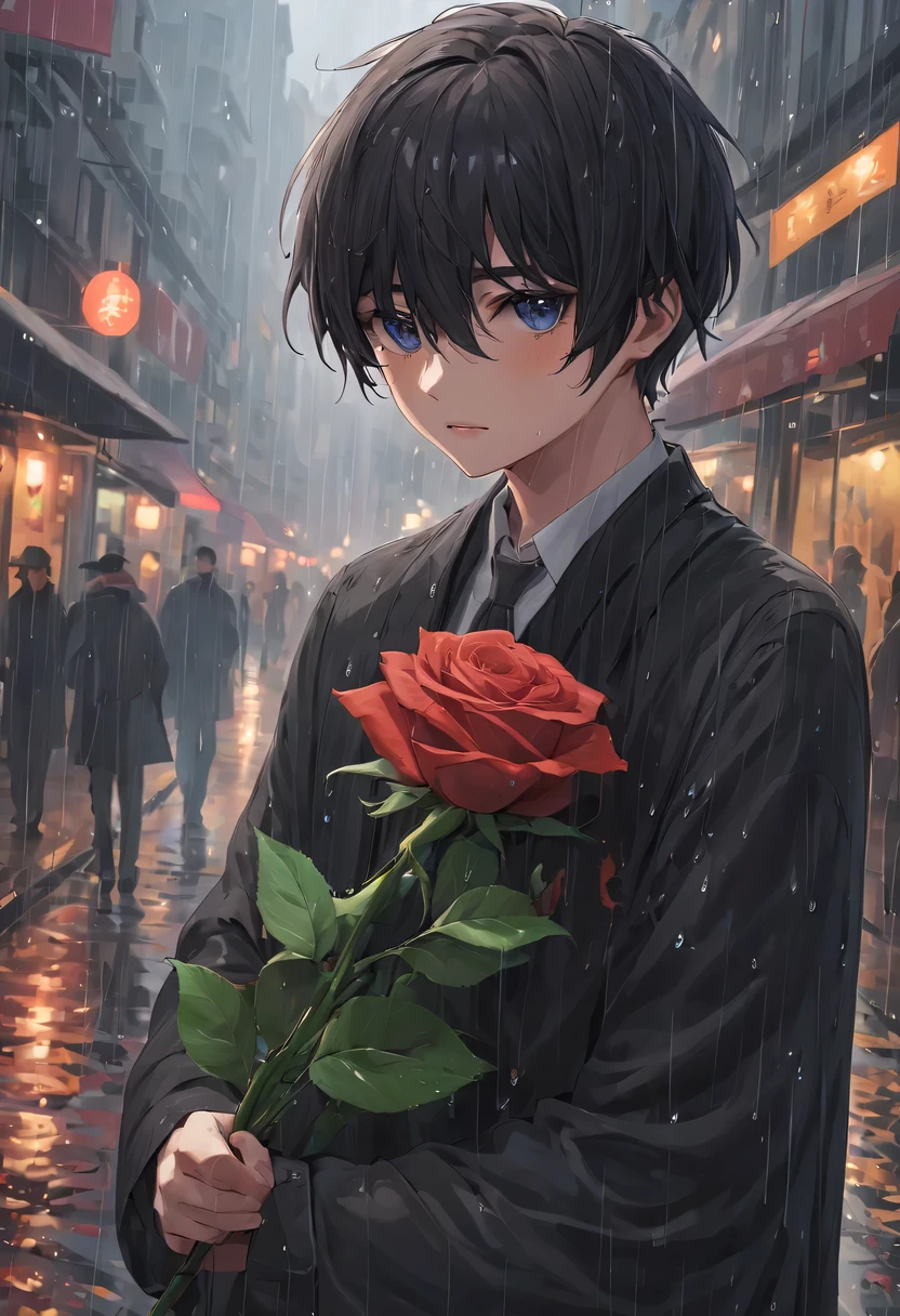 at a busy station，cold rain，Standing alone in the rain，The tightly held roses are scattered on the ground。His eyes were a little confused，The expression is sad，Gloomy eyes， Heqiang，Wilted roses，Wilted flowers，The rain washed his cheeks。He insisted on waiting，Believe that the one you love will come back。